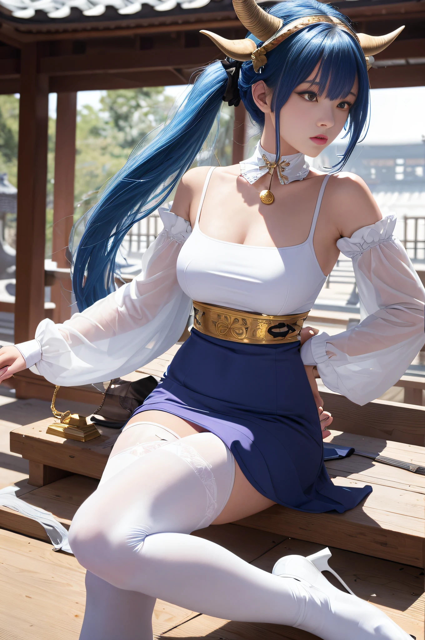 Masterpiece, Best quality, A high resolution, 1girll, Blue hair, Long hair, Very long hair, pony tails, bangs, hair between eye, side locks, ahoge, goat horn, Horns, Purple eyes, bell, cowbell, Neckbells, Collar, Detached collar, White collar, Bare shoulders, Pantyhose, Black pantyhose, bodystocking, Tights under clothes, Pelvic curtain, Detached sleeves, White sleeves, Long sleeves, Golden decoration, Medium breasts, mitts, Black gloves, ribbon, Leg ribbon, ankle ribbon, White footwear, visions (Genshin Impact), Ganyu \(Genshin Impact\), Outdoors, (east asian architecture, Autumn, Autumn leaves), Sitting, looking at the distance, Positive focus,