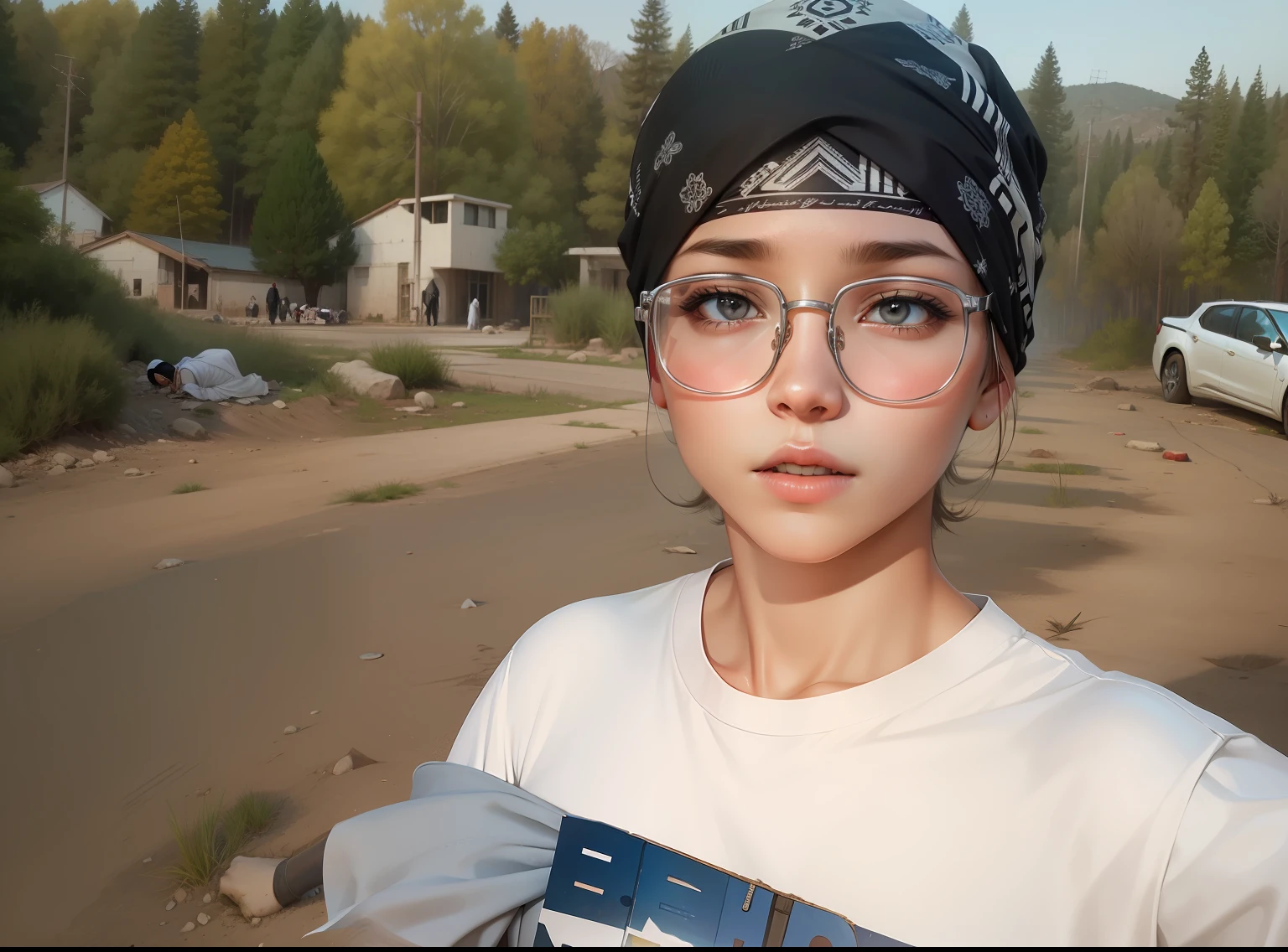 Split head，Open one eye，Bring a hijab，wears glasses，White clothes boys，