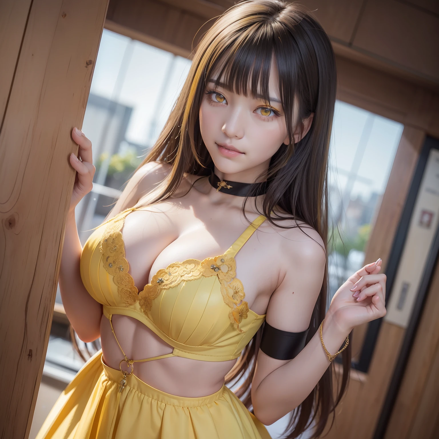 [(Hustleblood H6D-400c)]、[(Medium format image)]、[(Fantastical)]、[(400 メガピクセル)]、(photoRealstic:1.4)、(RAW Photos:1.2)、(8k)、(​masterpiece) :1.3)、(realisitic)、(hyper realisitic)、ultra-detailliert、illustratio、very_high_realistic:1.5、very_high_resolution:1.5、HDR、CG、Unity、8k wallpaper、magnifica、finely detail、Official Art、Highly detailed CGUnity 8k wallpapers、(top-quality)、incredibly absurdness、ultra-detailliert、light light on the face、cinematric light、电影灯光、profetional lighting、photon maping、Radio City、physically-based renderingt、solofocus、foco nítido、Hi-Res、ighly detailed、Very delicate and beautiful、intricate detailes、face muscles、a beautiful detailed girl、natural make up、extra detailed face、Stranger、[(((a smile、happiness、Grinning、dismay)))]、 1 人、((独奏))、[(long to)Black hair with bangs)]、[(Fine, beautiful amber yellow eyes:2)、etrical eyes、Extremely precise eyes]、luslous skin、collarbone visible、flawless skin、(Adult face:1.2)、(middlebreast:1.3)、Slimy、big breasts、Proper proportions、the perfect body、((Transaction service))、[Black cotton choker]、[Color background]、undergarment、see -through
