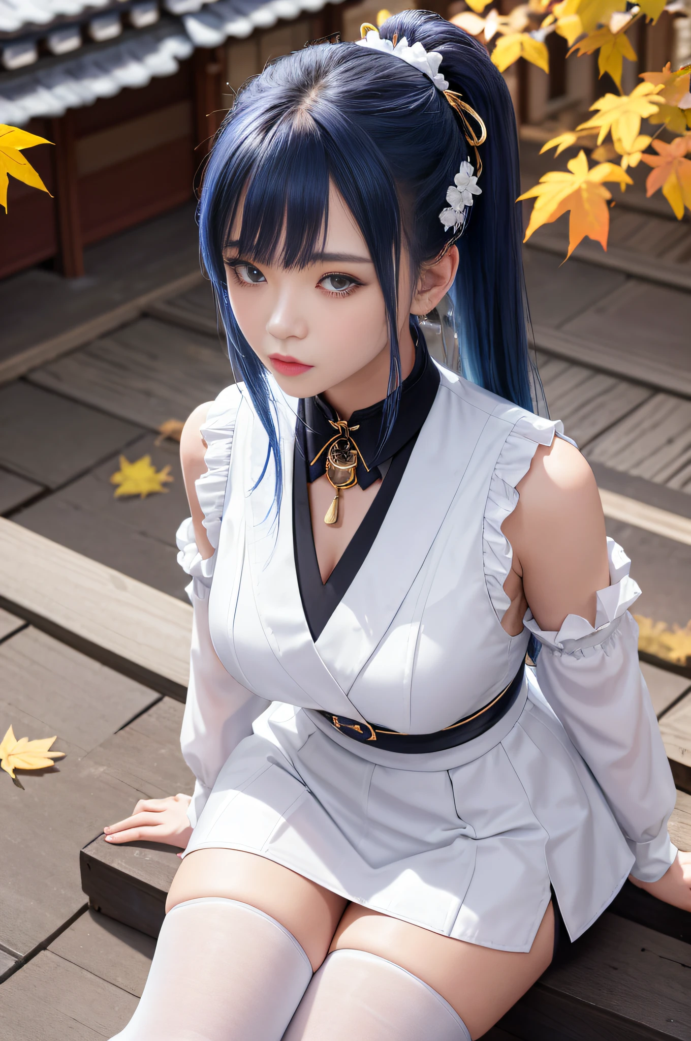 Masterpiece, Best quality, A high resolution, 1girll, Blue hair, pony tails, bangs, hair between eye, side locks, ahoge, Purple eyes, bell,  Neckbells, Detached collar, White collar, cropped shoulders, Black pantyhose,  Tights under clothes, Detached sleeves, White sleeves, Long sleeves, Golden decoration, Medium breasts, mitts, Black gloves, ribbon, Leg ribbon, ankle ribbon, White footwear, visions (Genshin Impact), Ganyu \(Genshin Impact\), Outdoors, (east asian architecture, Autumn, Autumn leaves), Sitting, Positive focus,Look up at the camera