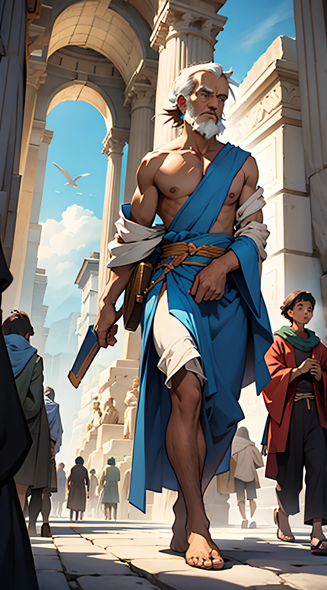 Plato philosopher, walking alongside a crowd with his disciples