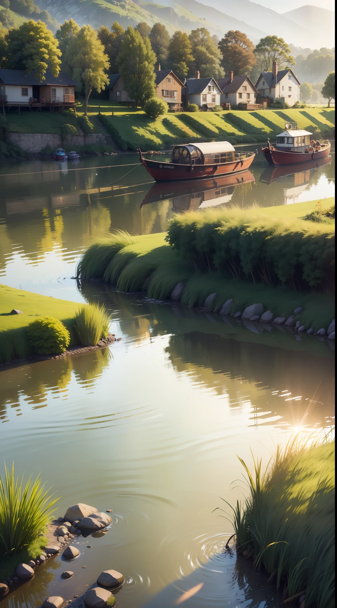 Emphasize natural elements such as sunlight streaming through grass blades, creating sparkling reflections on the river's surface.
Highlight the reflection of riverside houses on the water, along with traditional fishing boats heading out.