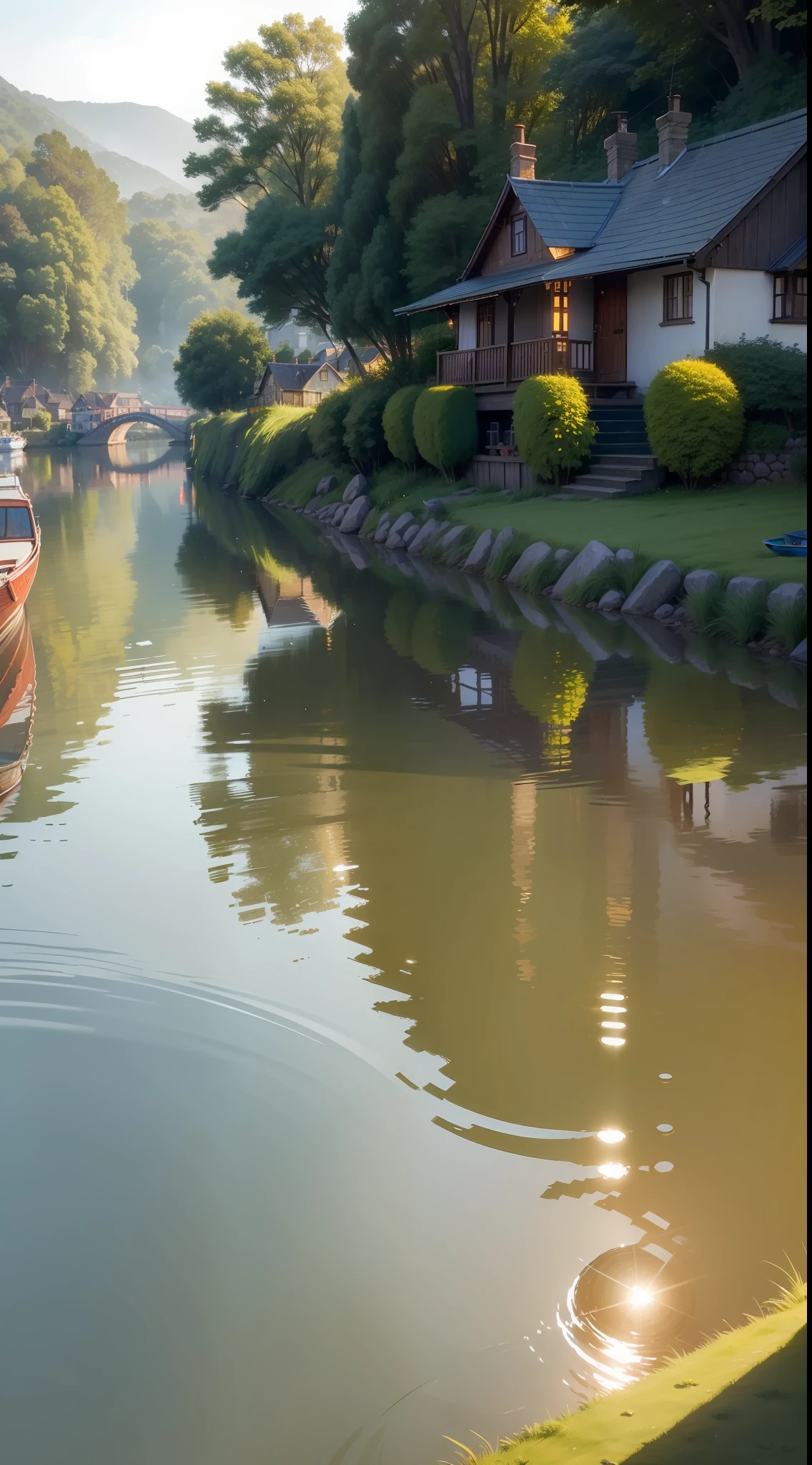 Emphasize natural elements such as sunlight streaming through grass blades, creating sparkling reflections on the river's surface.
Highlight the reflection of riverside houses on the water, along with traditional fishing boats heading out.