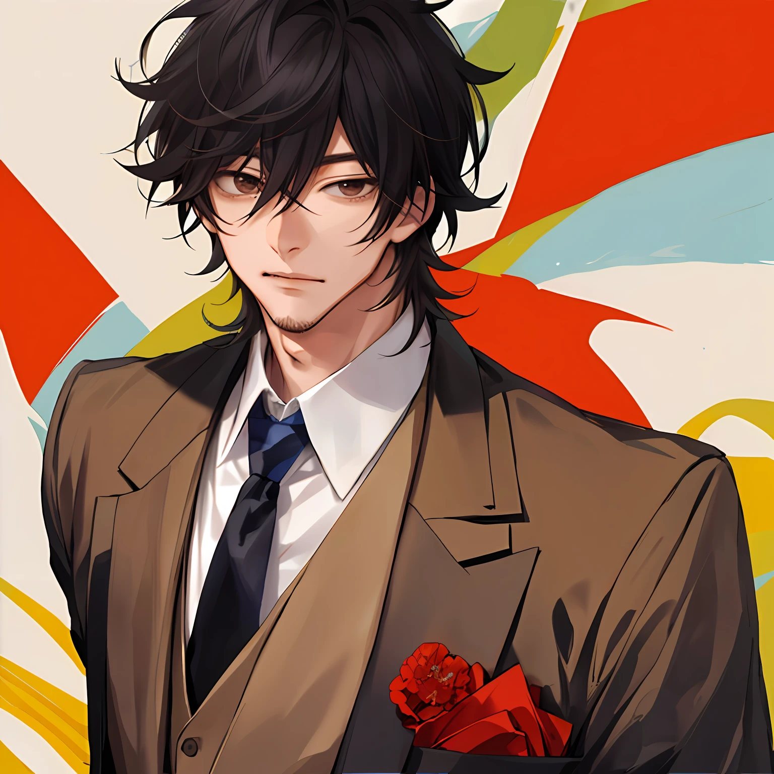 A young man similar to Takuya Kimura, an actor in the Japan、Wearing a beige suit and red tie