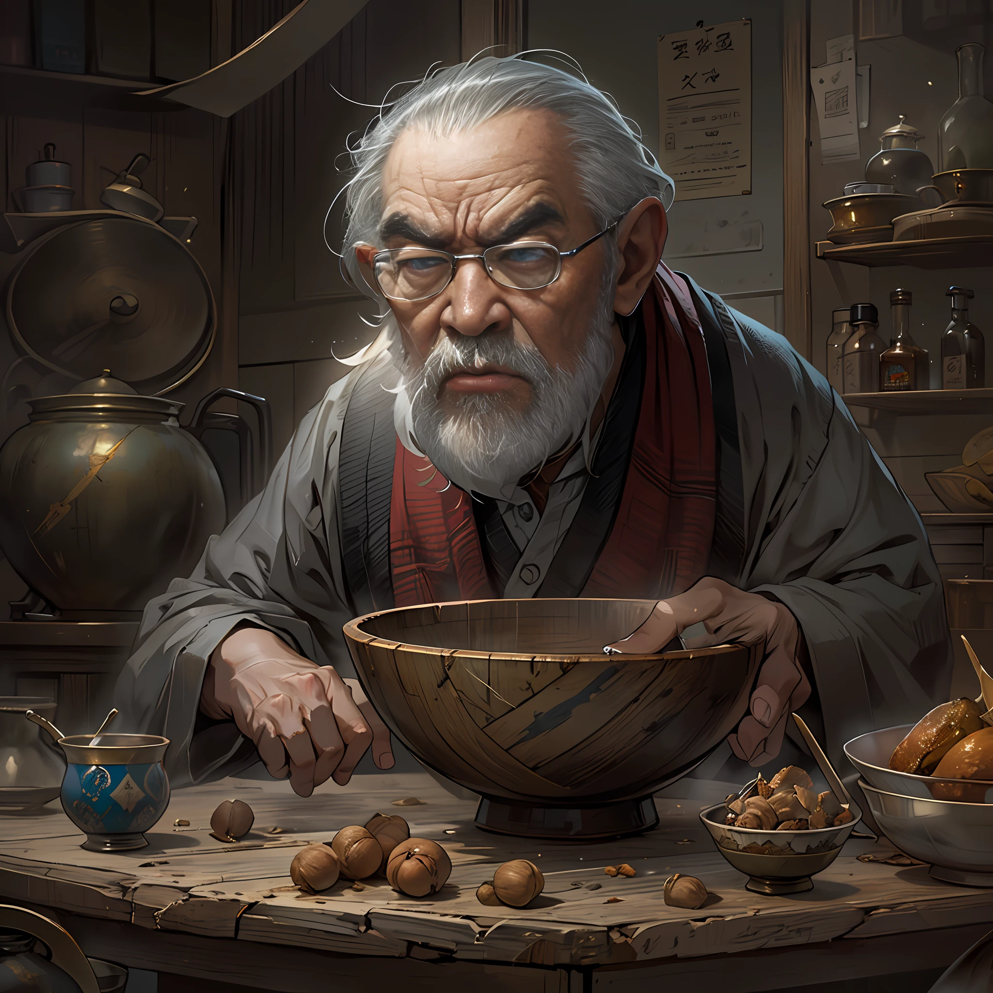 An old professor with eyes,Angrily walked to the stall,He pointed to the bowl on the table,Brow furrowed,Seems very angry ,in the style of the stars art group xing xing, 32k, best quality, masterpiece, super detail, high details,
