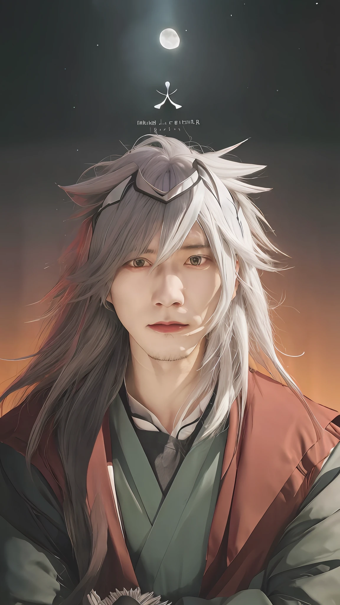 anime character with long hair and white hair standing in front of a full moon, hajime yatate, nagito komaeda, masakazu katsura, shikanosuke yagaki, akiyuki shinbou, a silver haired mad, takumi fujiwara, white haired deity, wataru kajika, norihiro yagi, realistic, more details, 70 mm lens