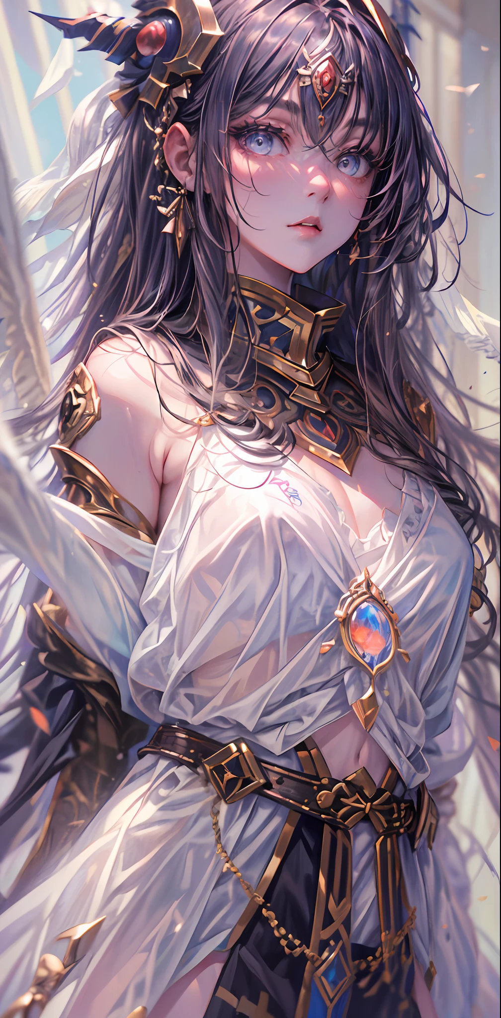 (powerful and fierce berserker)+(lone female warrior),(masterpiece:1.2, best quality:1.2, ultra-detailed:1.2, illustration:1.2), 1girl, solo.Vision, long hair,robe,pelvic curtain,see-through,covered navel,breasts, thighs, , (dark photo:1.3), photorealistic, 1girl, flat bangs, stunning innocent symmetry face, shirt, emotional, ulzzang, (PureErosFace_V1:0.7).A fearless warrior emanating an invincible aura, crafting a masterpiece of the highest quality .1 girl adorned with flowing white locks