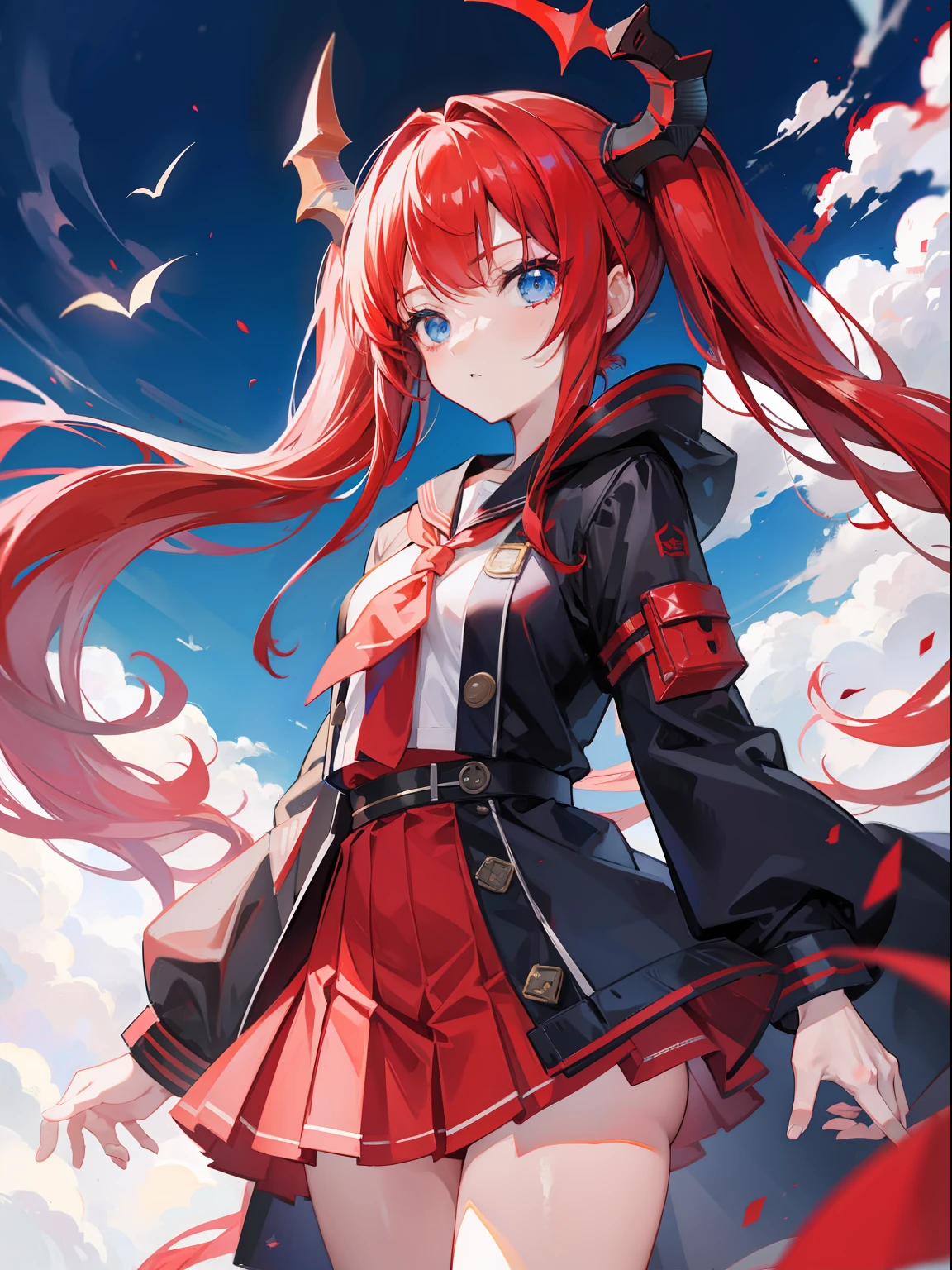 red hair, blue eyes, twintails,Sailor suit,Dragon horns,coat,red Pleated skirt,solo,1girl, arknights, long hair, loli,