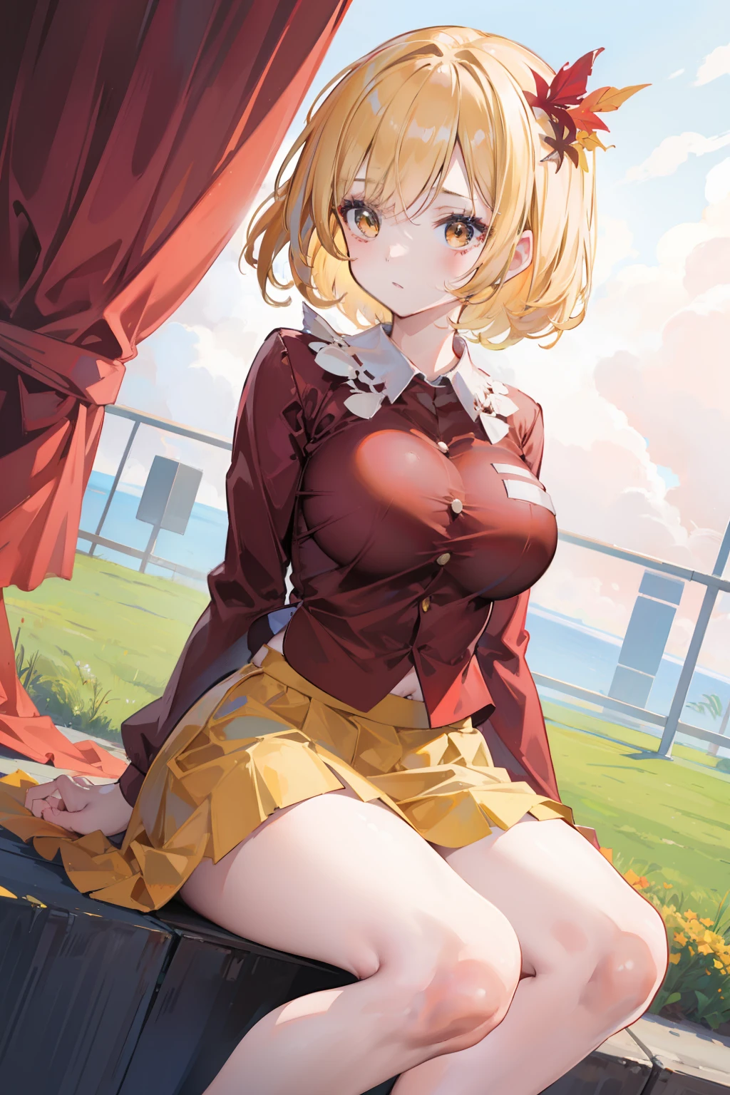 (masterpiece),best quality, expressive eyes, perfect face, 1girl,
big breast, H-cup, good breast, beautiful, gorgeous,anime,girl,lora, floating clothes,w sitting, w sitting on ground, legs on ground, Hands between thighs, arms between legs,aki shizuha,1girl,aki shizuha, blonde hair, short hair, yellow eyes, leaf hair ornament,red shirt,skirt,long sleeves,curtain chest ,