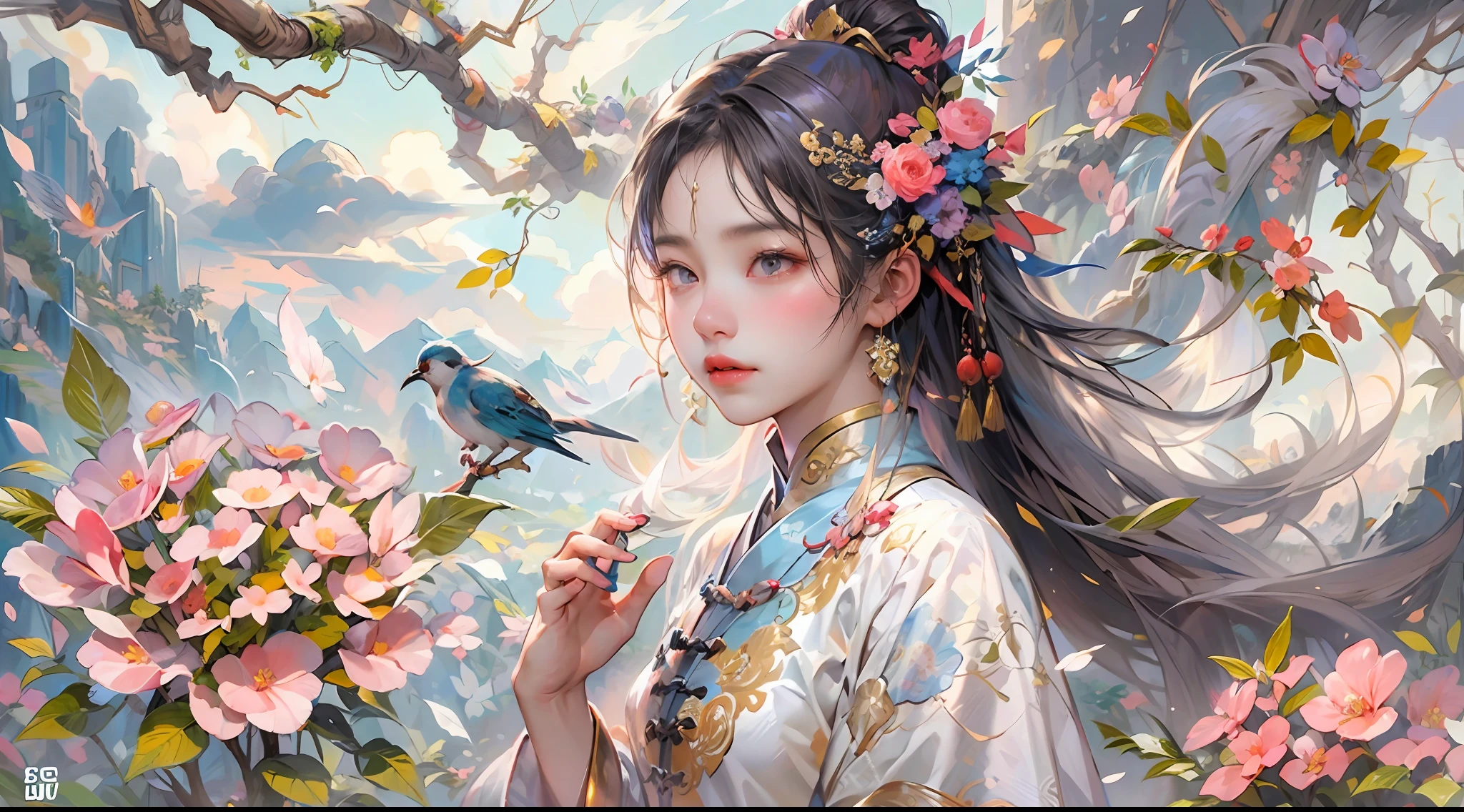 a mural of chinese girl,beautiful eyes,dance,full body,Chinese mythology,flower,auspicious clouds,tree,bird,off-color,lococo,（high quality，extremely detailed，8k：1.5）