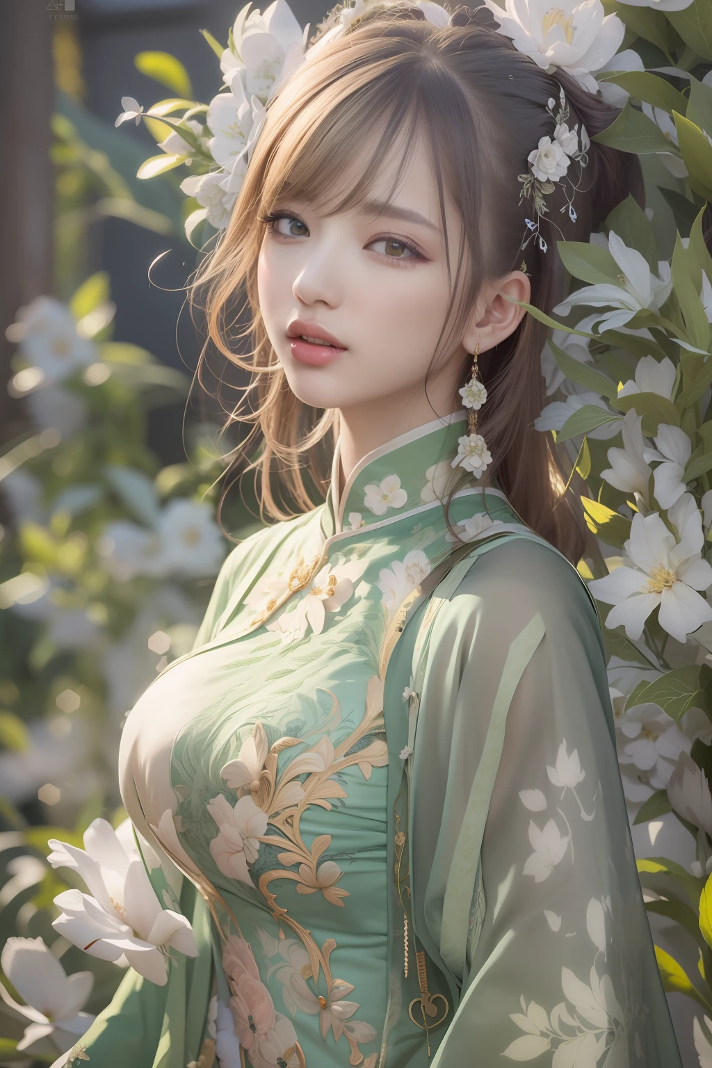 (surrealistic), (illustratio), (hight resolution), (8K), (ighly detailed), (The best illustrations), (beatiful detailed eyes), (top-quality), (ultra-detailliert), (masterpiece), (wall-paper), (详细的脸),Photo of a woman wearing a light green light green Ao Dai with a floral pattern、top-quality、masterpiece、(realisitic:1.2)