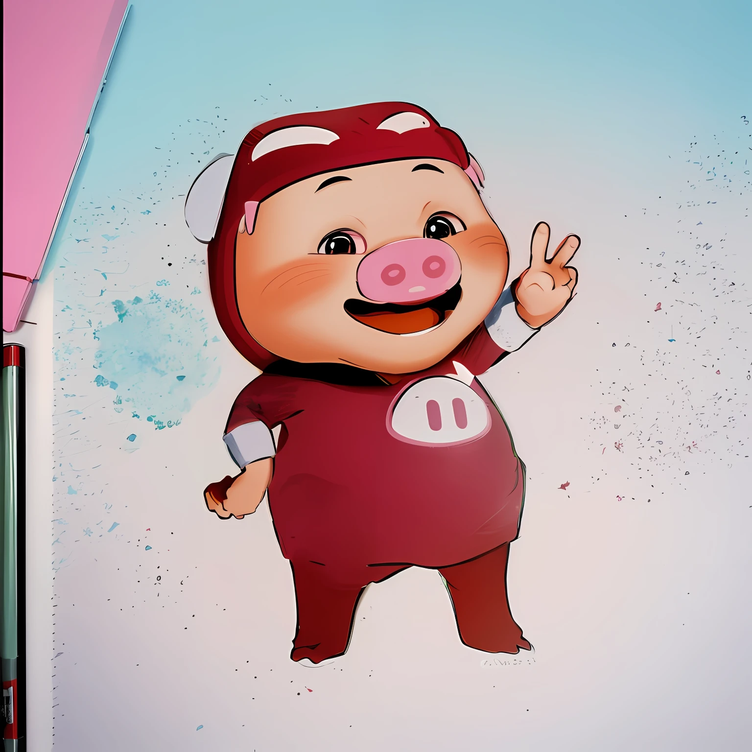 Close-up of cartoon pig dressed in red, anthropomorphic warrior piglet, piggy, Pig, toonix character, 3D model of a Japanese mascot, depicted as a pixar character, Wanda, cute pixar character, porky pig, shaxi, inspired by Park Hua, negao, Yan, as a pixar character, comic strip, Mono Color, sketching, lineworks, escala cinza,