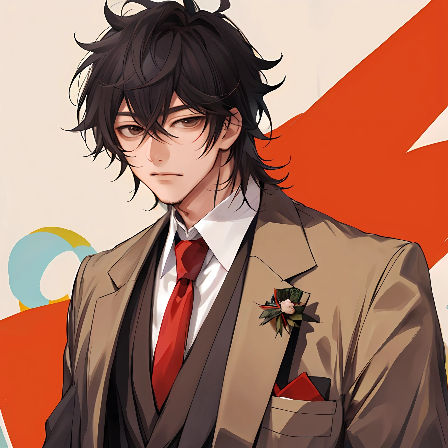 A young man similar to Takuya Kimura, an actor in the Japan、Wearing a beige suit and red tie