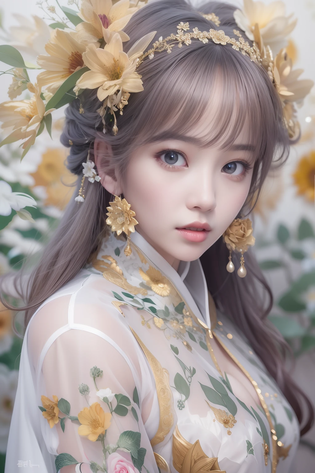 (surrealistic), (illustratio), (hight resolution), (8K), (ighly detailed), (The best illustrations), (beatiful detailed eyes), (top-quality), (ultra-detailliert), (​masterpiece), (wall-paper), (详细的脸),Photo of a woman wearing a floral white sheer ao dai、top-quality、​masterpiece、(realisitic:1.2)