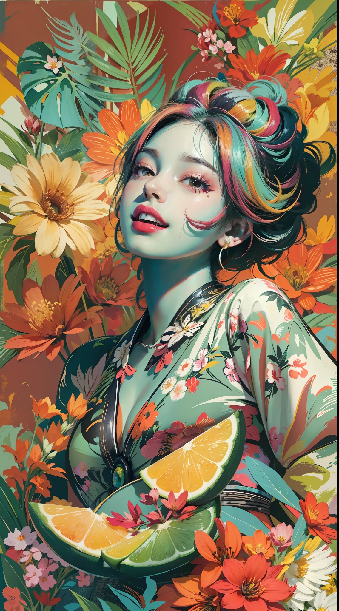 Create a digital art work in pop art style, featureing a vibrant and confident woman with bold makeup and colorfull fashion, cinematic color scheme, surrounded by vintage flowers patterns, energtic brushstrokes,the mood should be dynamic, full body, drawing, illustration, grayscale, tropical, adubon fruits, adubon plants, many flowers, vector, painting oil, happy jumping, smile