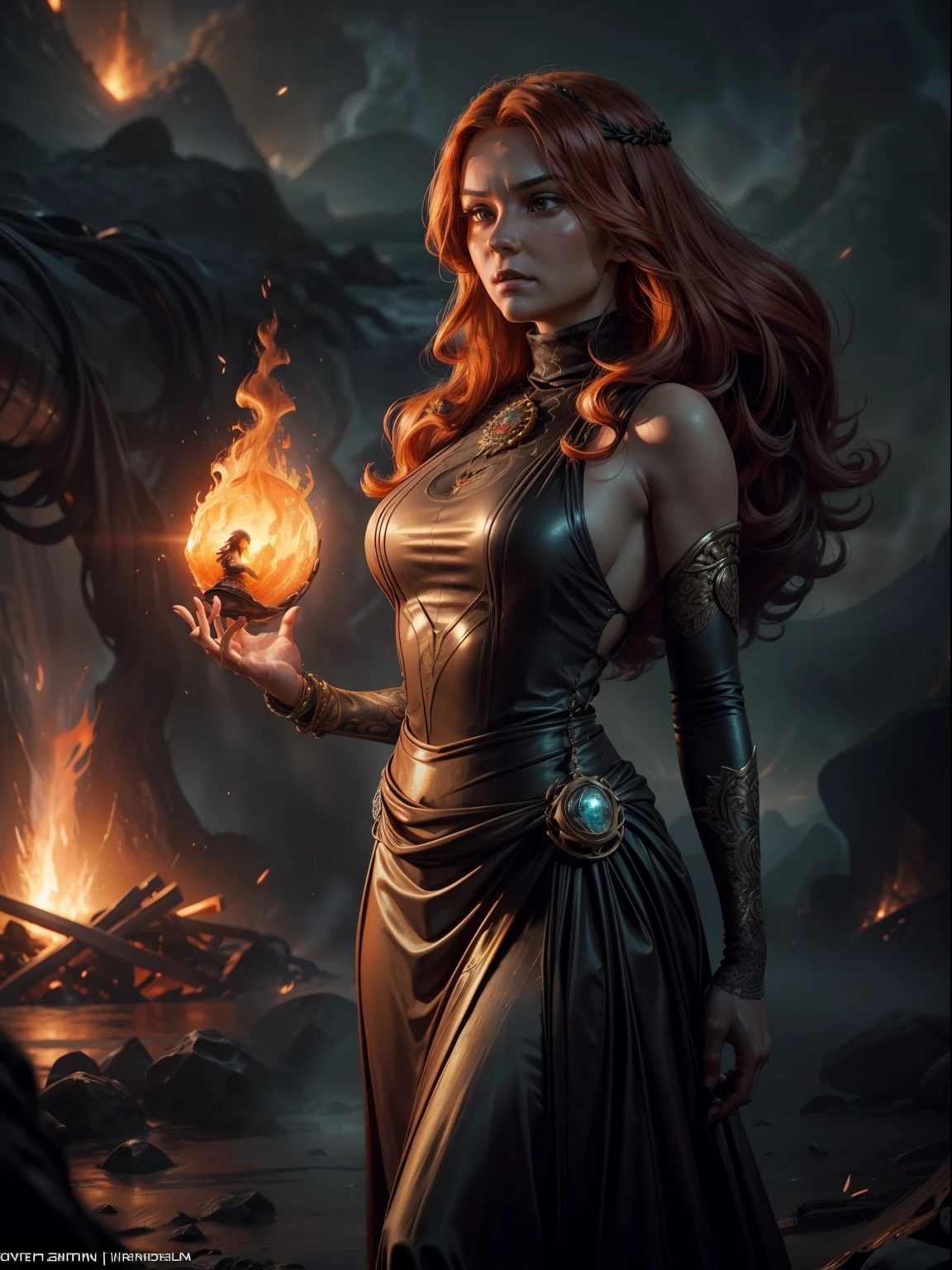 A photo realistic picture of a Beautiful orange long flowing haired Lava Woman, (blown up hair:1.2), wear overall covered turtleneck dark gown ornated with golden lace and 24 carat diamonds, bright lava orb in her left hand appears a day before Krakatau Volcano erupts at 1883, masterpiece hyper photo realistic artwork of Franz Junghuhn, insanely detailed and intricate, centered, cinematic aesthetic lighting art by Greg Rutkowski trending on Artstation
