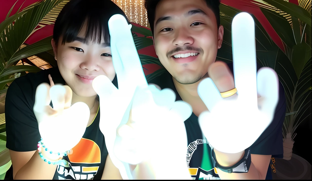 They are two people making a funny face with their hands, wave a hand at the camera, Hands up, with index finger, glowing fingers, With fingers, giving the middle finger, Hands in the air, glowing hands, profile picture 1024px, in the style of sifu 🔥 😎 🕹️ 👀 :2, hand sign