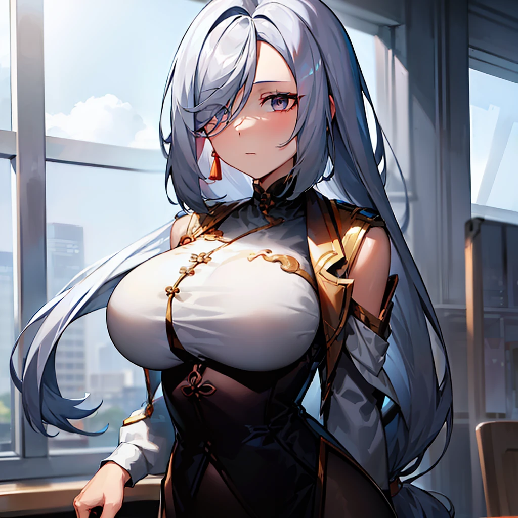 Shenhe is a tall woman with fair skin. She has long silver hair, darkening at the ends. The hair is parted in the middle. The hair is parted in the middle, the hair is cut evenly, the length fits over the chin and hugs the face, one side covers the eyes, the back is a low ponytail. Her outfit is a white shirt, and a blazer is a long-sleeved vest with a skirt. Holding a document cover.Standing at the desk
