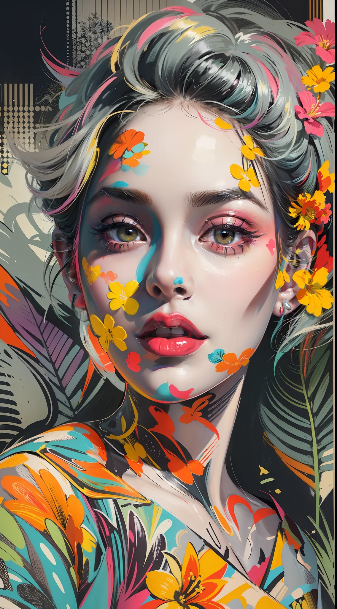 Create a digital art work in pop art style, featureing a vibrant and confident woman with bold makeup and colorfull fashion, cinematic color scheme, surrounded by vintage flowers patterns, energtic brushstrokes,the mood should be dynamic, upper body, drawing, illustration, grayscale, tropical, adubon fruits, adubon plants, many flowers, vector, painting oil