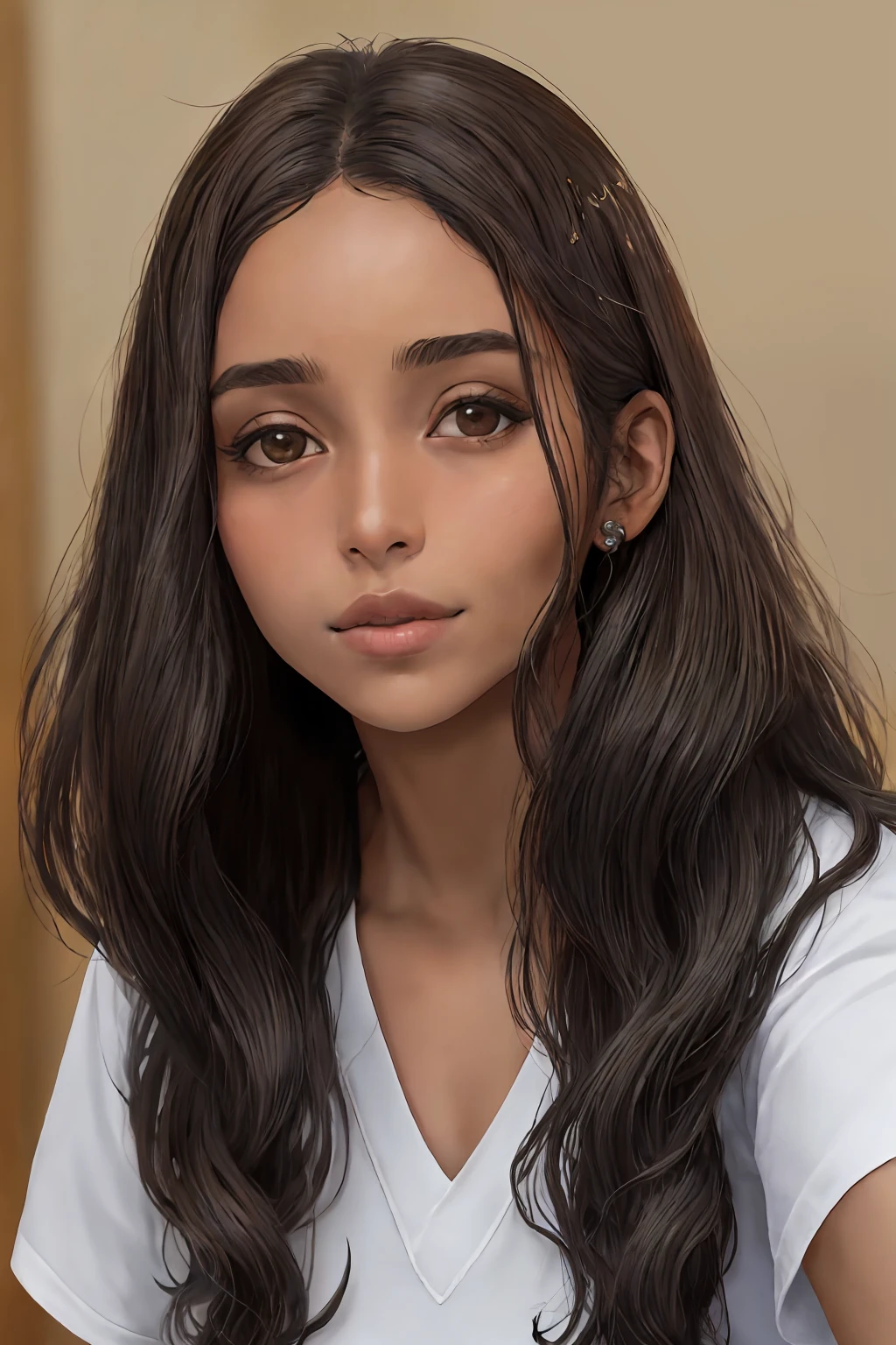 Morena, cabelo preto e cumprido, peito grande, pele morena, rosto cheio