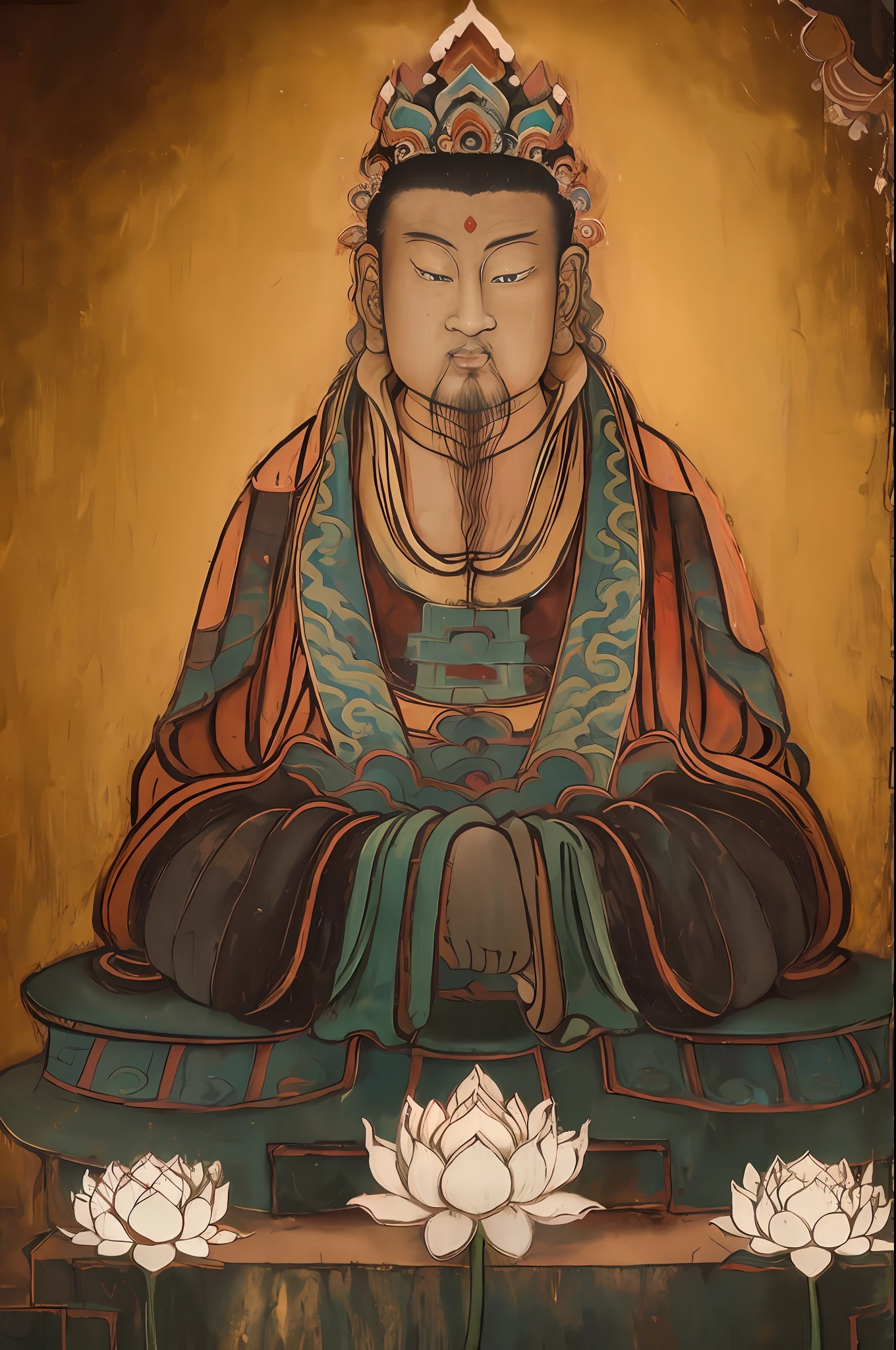 Such as a portrait of the Buddha,fullbody image,Lotus Throne,Solemn,Majestic,Dunhuang style,Crack the wall,flat art,Traces of wind erosion,Mineral pigment painting,in a panoramic view,Sit on the lotus platform,Tibetan Buddhism