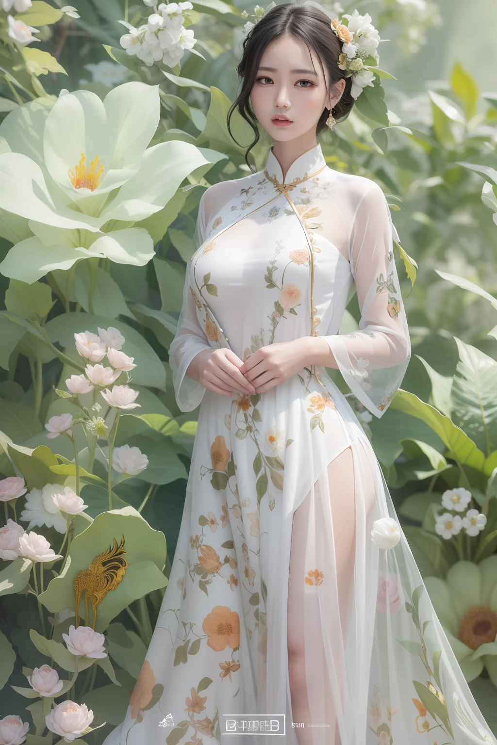 (surrealistic), (illustratio), (hight resolution), (8K), (ighly detailed), (The best illustrations), (beatiful detailed eyes), (top-quality), (ultra-detailliert), (​masterpiece), (wall-paper), (详细的脸),Photo of a woman wearing a floral white sheer ao dai、top-quality、​masterpiece、(realisitic:1.2)