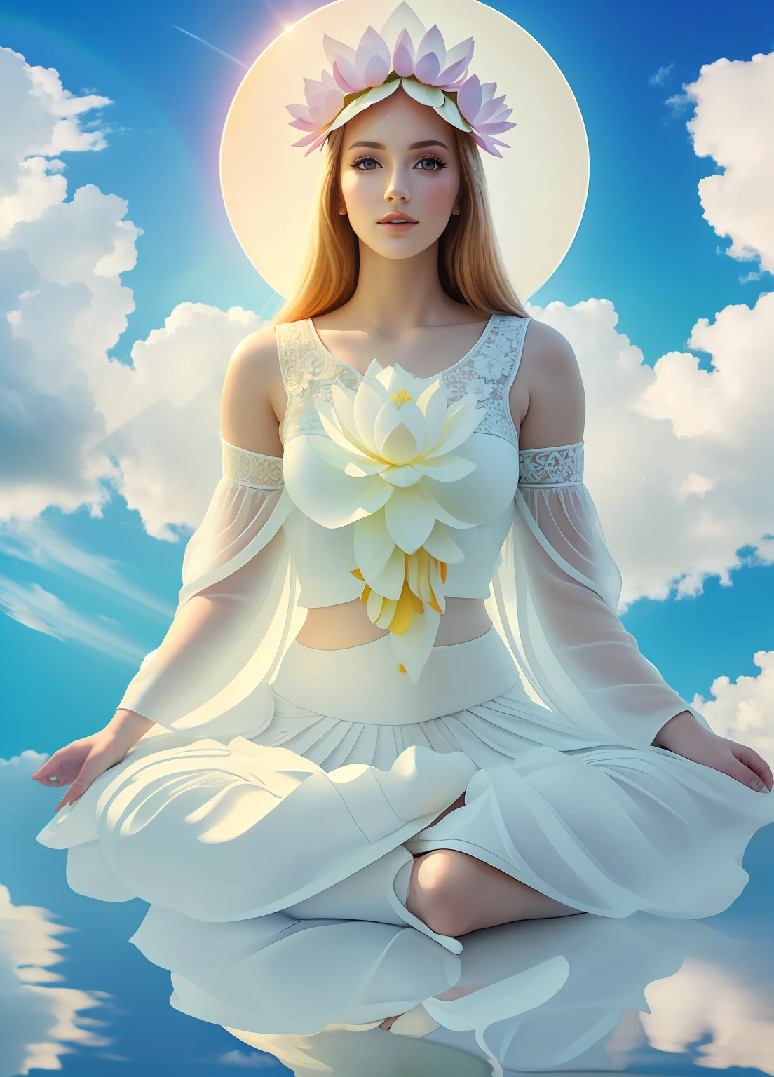 There was a beautiful woman sitting on a large lotus flower,Sacral disc sitting,Soft and light clothes,Flowing cloud,Cloud,the trees,fresh flowers,(nice hand),(Good feet),(good legs),realisticlying,white skinned,((Correct body structure)),White clothing,decorated in white,baiyun,Blue sky,Head background with round light,Behind him is a rainbow circle,Front lighting,Positive light,No shadows on the face,There are no shadows on the body,Blue sky,Unreal space,ethereal world,dreamworld,with blue sky and white clouds,tmasterpiece,4K,ultra-definition,professional photoshooting,