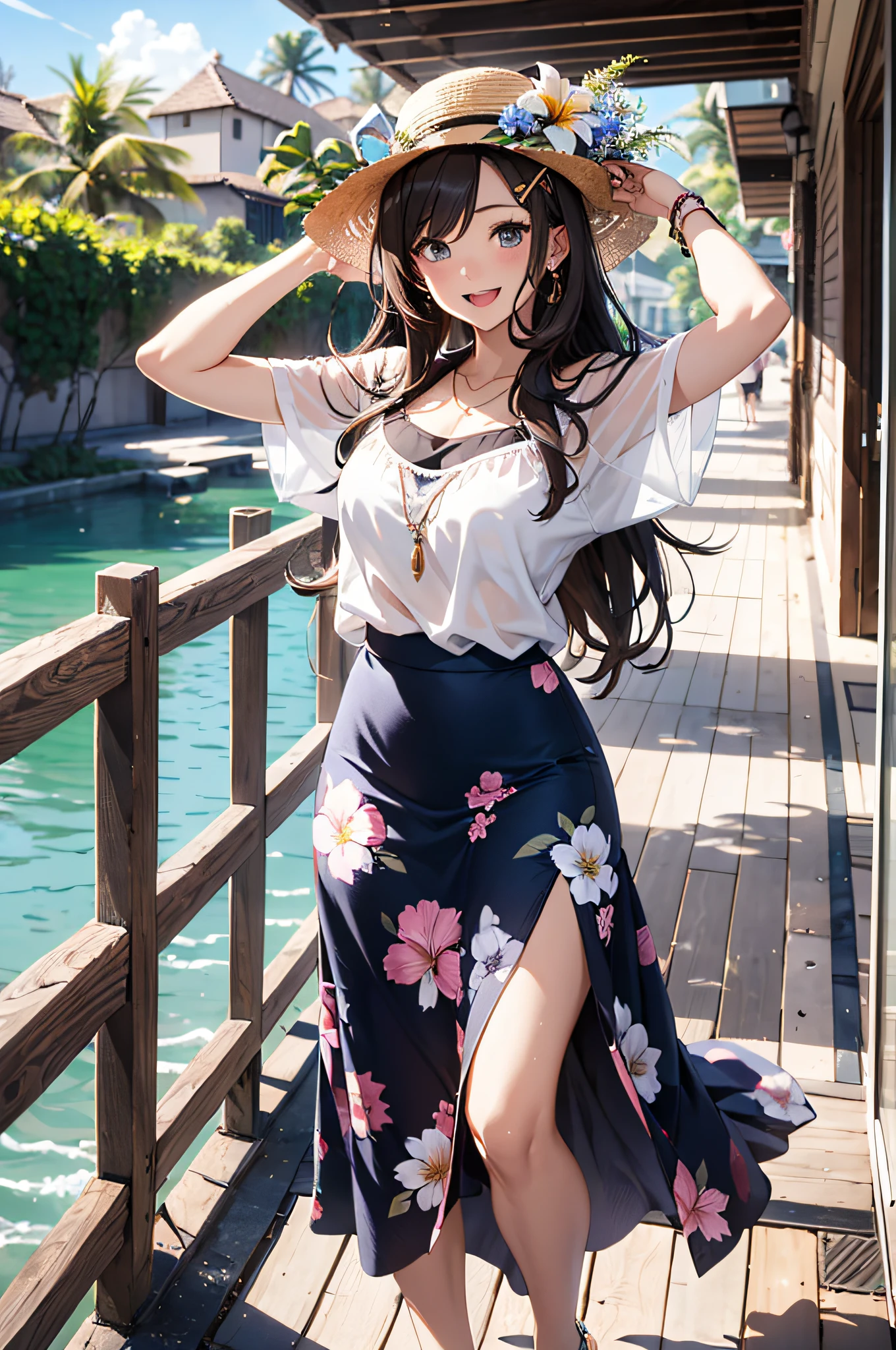 (top-quality、in 8K、32K、​masterpiece、nffsw、ighly detailed:1.2)、Full body, blue open sky、Tropical seas、Palm trees、beauitful face、blurry backround、20-year-old beauty、shinny skin、dark brown hair、Medium Hair、Blue eyes、Maxi skirt、flipflops、Floral hair ornament、a straw fedora hat、raise arms、Smile with open mouth、skin tanned、