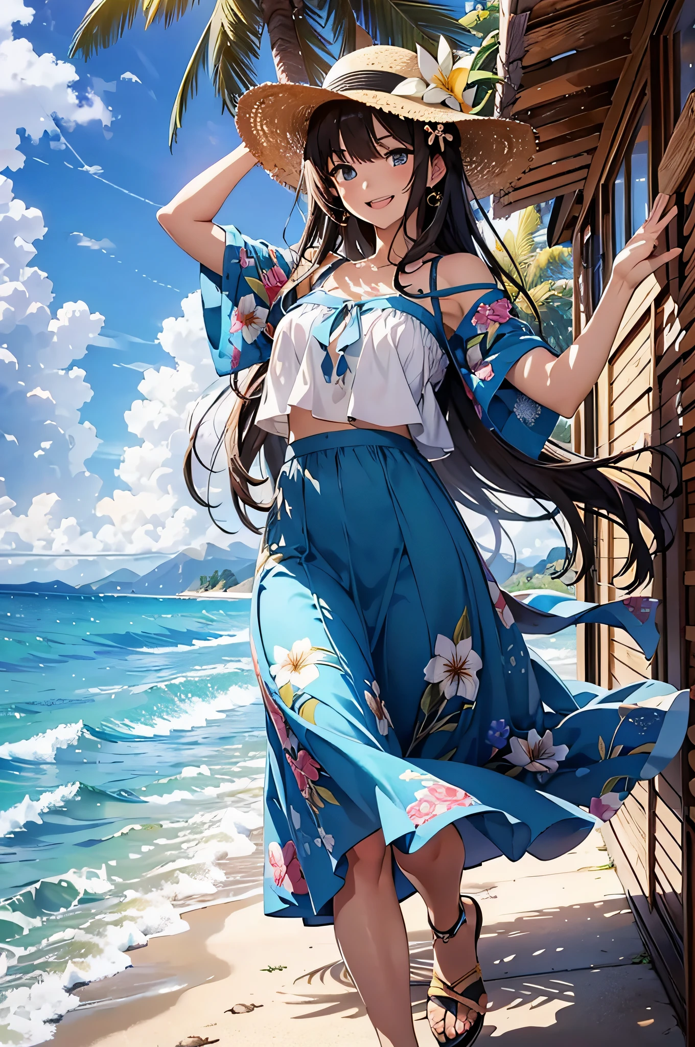(top-quality、in 8K、32K、masterpiece、nffsw、ighly detailed:1.2)、Full body, blue open sky、Tropical seas、Palm trees、beauitful face、blurry backround、20-year-old beauty、shinny skin、dark brown hair、Medium Hair、Blue eyes、Maxi skirt、flipflops、Floral hair ornament、a straw fedora hat、raise arms、Smile with open mouth、skin tanned、
