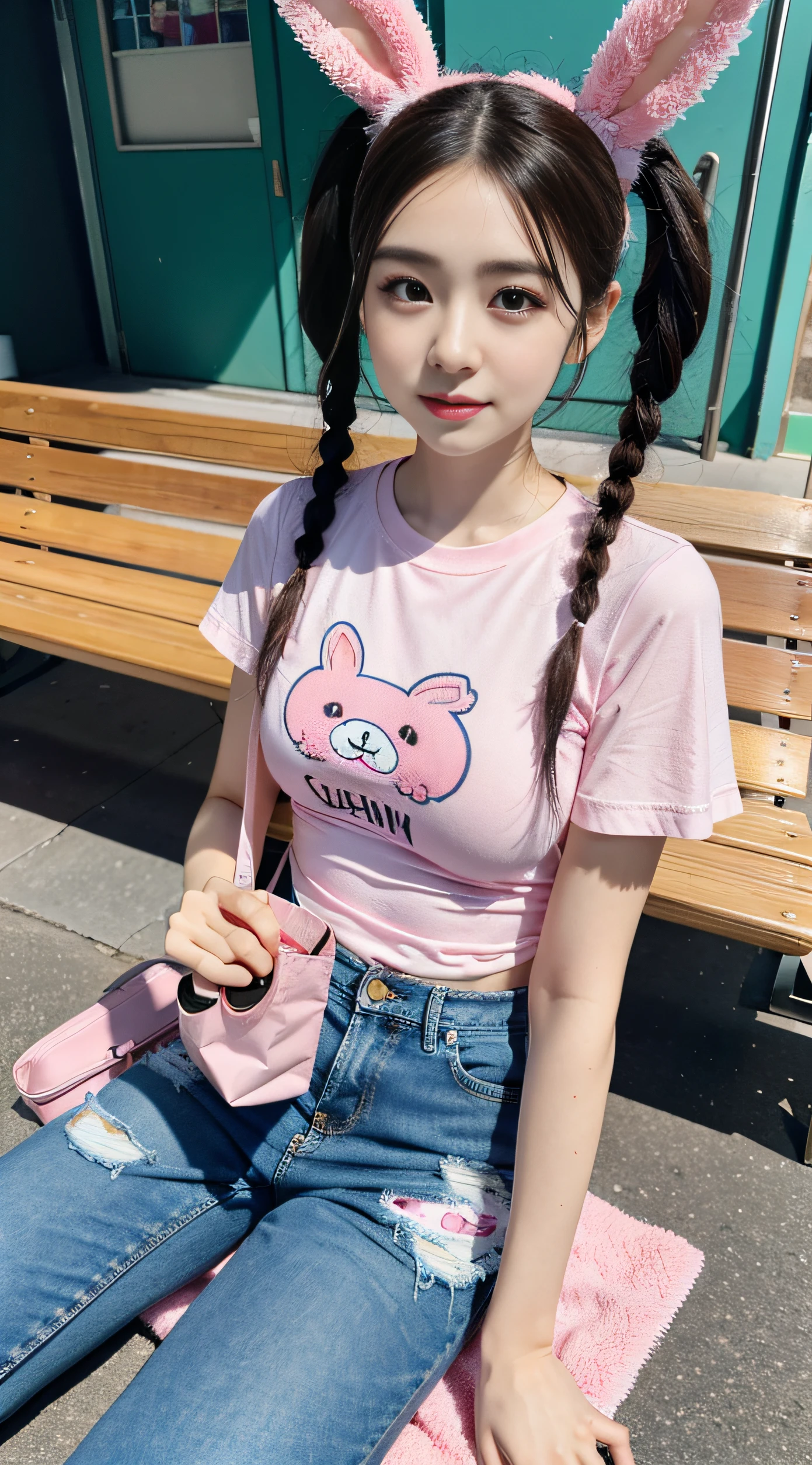 there is a woman that is sitting down on a bench,Holding a pink bag in his hand, a pastel by Kun Can, Tumblr, Realism, y 2 k cutecore clowncore, 8K)), intriguing outfit, colorful pigtail, kawaii shirt and jeans, belle delphine, tight costume, Chinese girl, ultrarealistic sweet bunny girl, trending at cgstation, shaxi, Anime girl cosplay