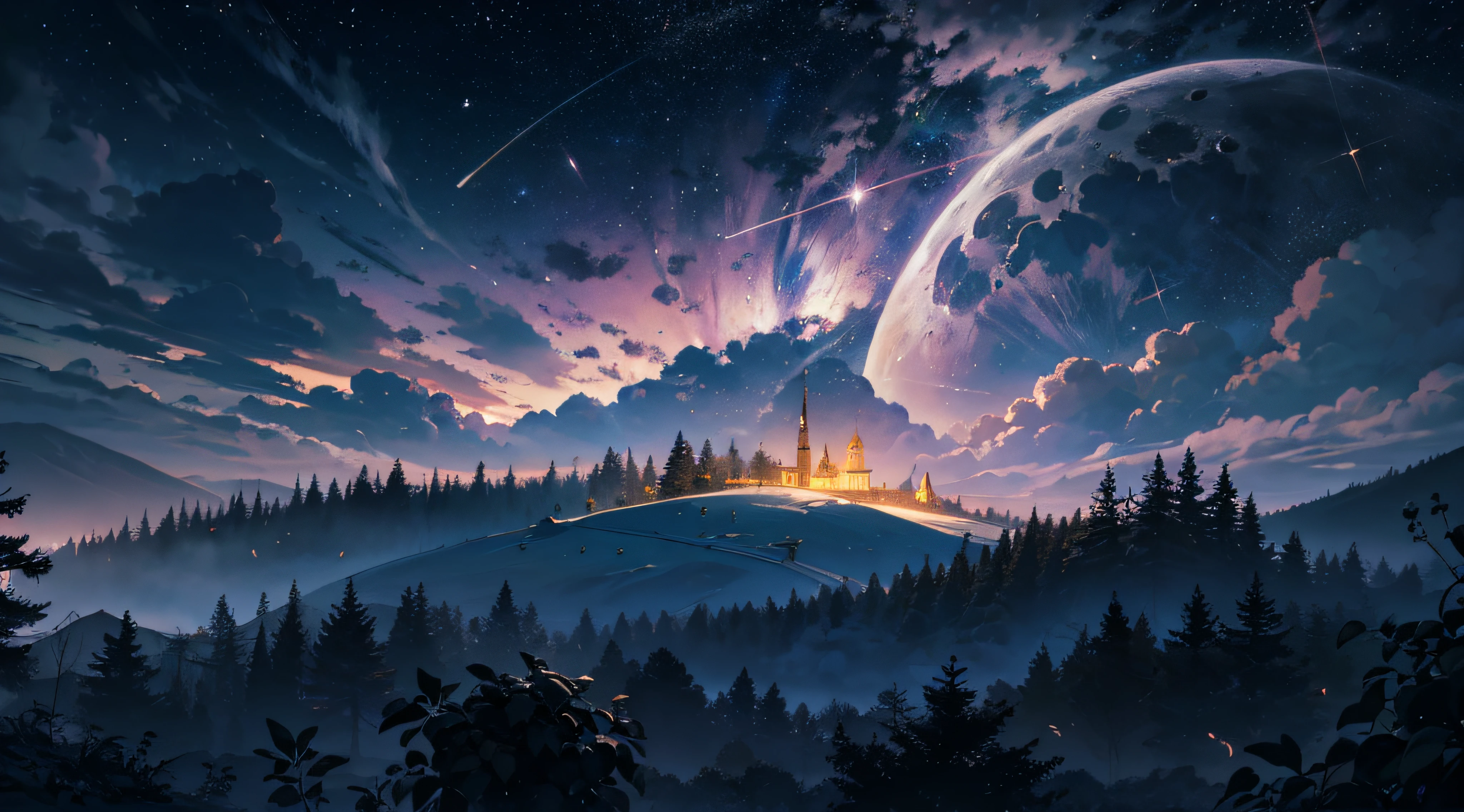 Expansive landscape photograph,(moon full:1.2),(meteors:0.9),(Starcloud:1.3),(Warm light source:1.2),(glowworm:1.2),lamp lights,Lots of purple and orange,Complicated details,Volumetriclighting,Realism BREAK(tmasterpiece:1.2),(best qualtiy),8K,Ultra-detailed,(dynamic compositions:1.4),The is very detailed,Colorful details,(Irridescent color:1.2),(luminouslighting,Atmospheric lighting),dream magical,magical,(独奏:1.2),((best qualtiy)), ((tmasterpiece)), (the detail:1.4),depth of fields,maximum definition and sharpness,perfectly proportions,Fluttering clouds,Wallpapers