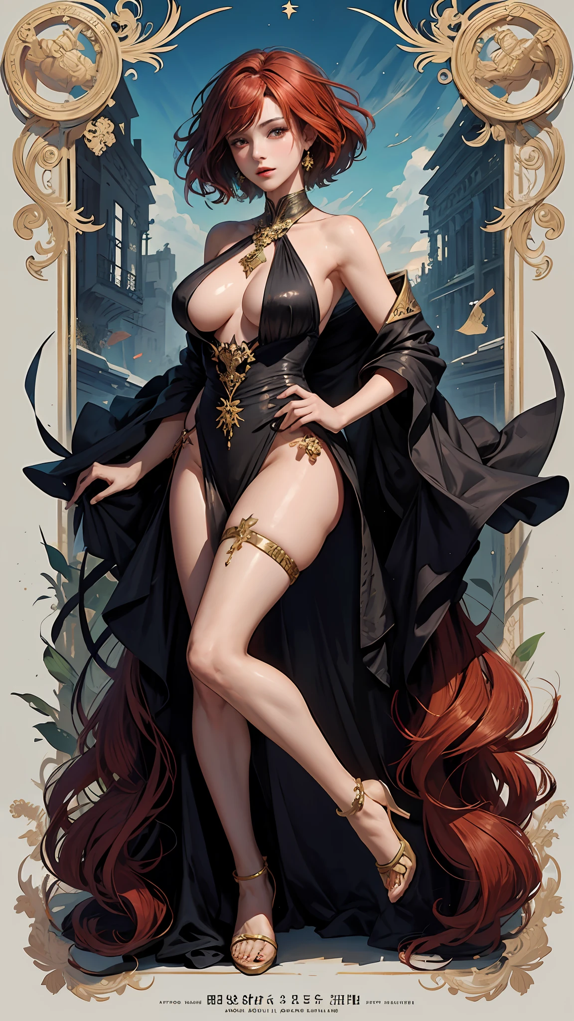 Anthropomorphic gemstone ruby、(masterpiece、top-quality、top-quality)、(((Beautiful anime style girl、)))、28 year old、oversize model、((((beutiful breast)))、((Red hair)))、Redeye、Hairstyle is Bob Short Hair、Fetishes、Hair is rolled outward、Extreme details、colourfull、Groism、Frame with traditional Burmese and Myanmar patterns、Art concept art by Can Riffis and Vadimukasin、Ethereal、Bold poses、flawless、Pure form、the golden ratio、Khan Griffith、Wadim Kashin、john william waterhouse、abstract art、 (masterpiece、top-quality、hight resolution: 1.4)、More about realism、color splashes、line-drawing、Fibonacci、concept-art、foco nítido、illustratio、Art by Alphonse Mucha、Tarot Cards、Sexual References