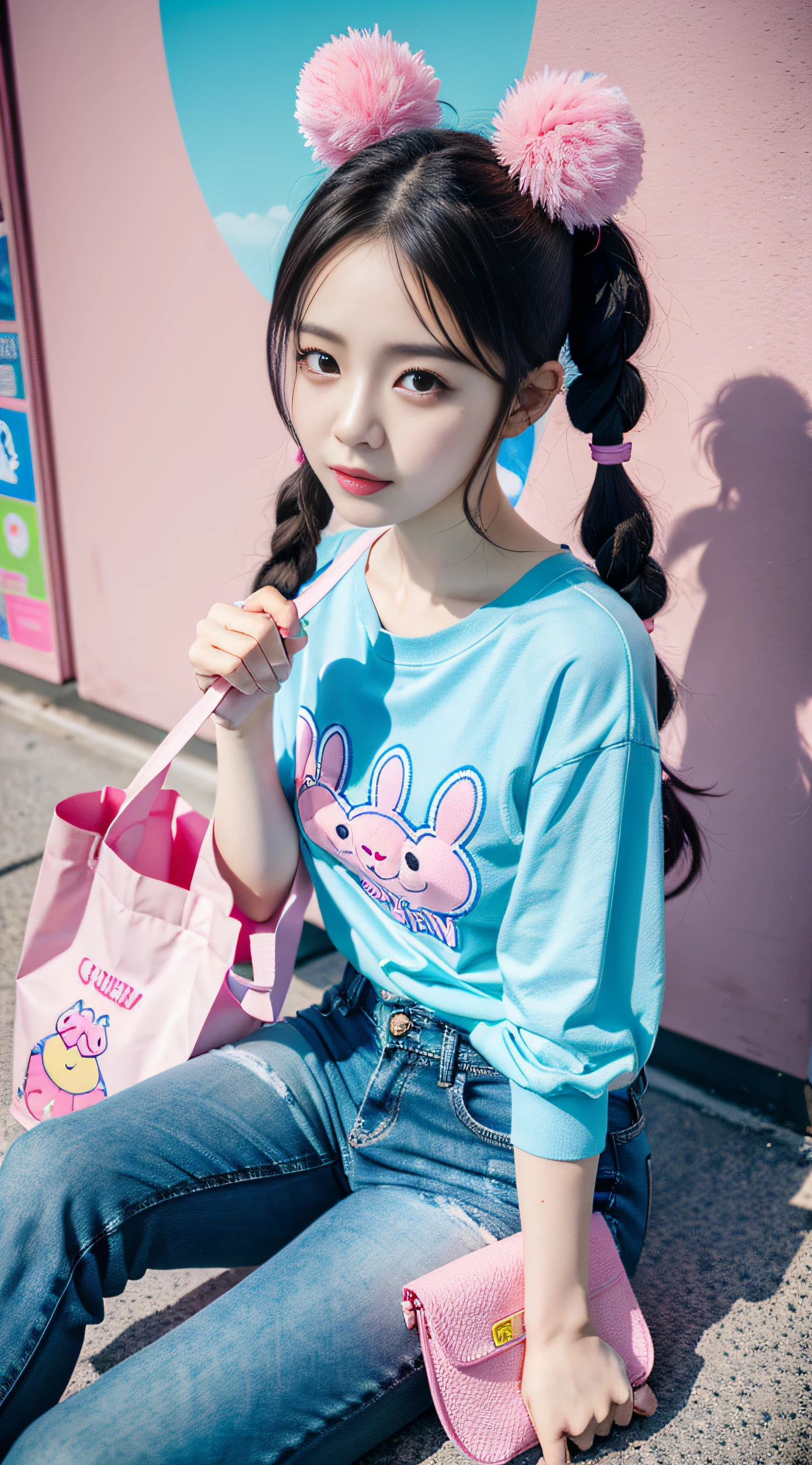 there is a woman that is sitting down on a bench，Holding a pink bag in his hand, a pastel by Kun Can, Tumblr, Realism, y 2 k cutecore clowncore, 8K)), intriguing outfit, colorful pigtail, kawaii shirt and jeans, belle delphine, tight costume, Chinese girl, ultrarealistic sweet bunny girl, trending at cgstation, shaxi, Anime girl cosplay