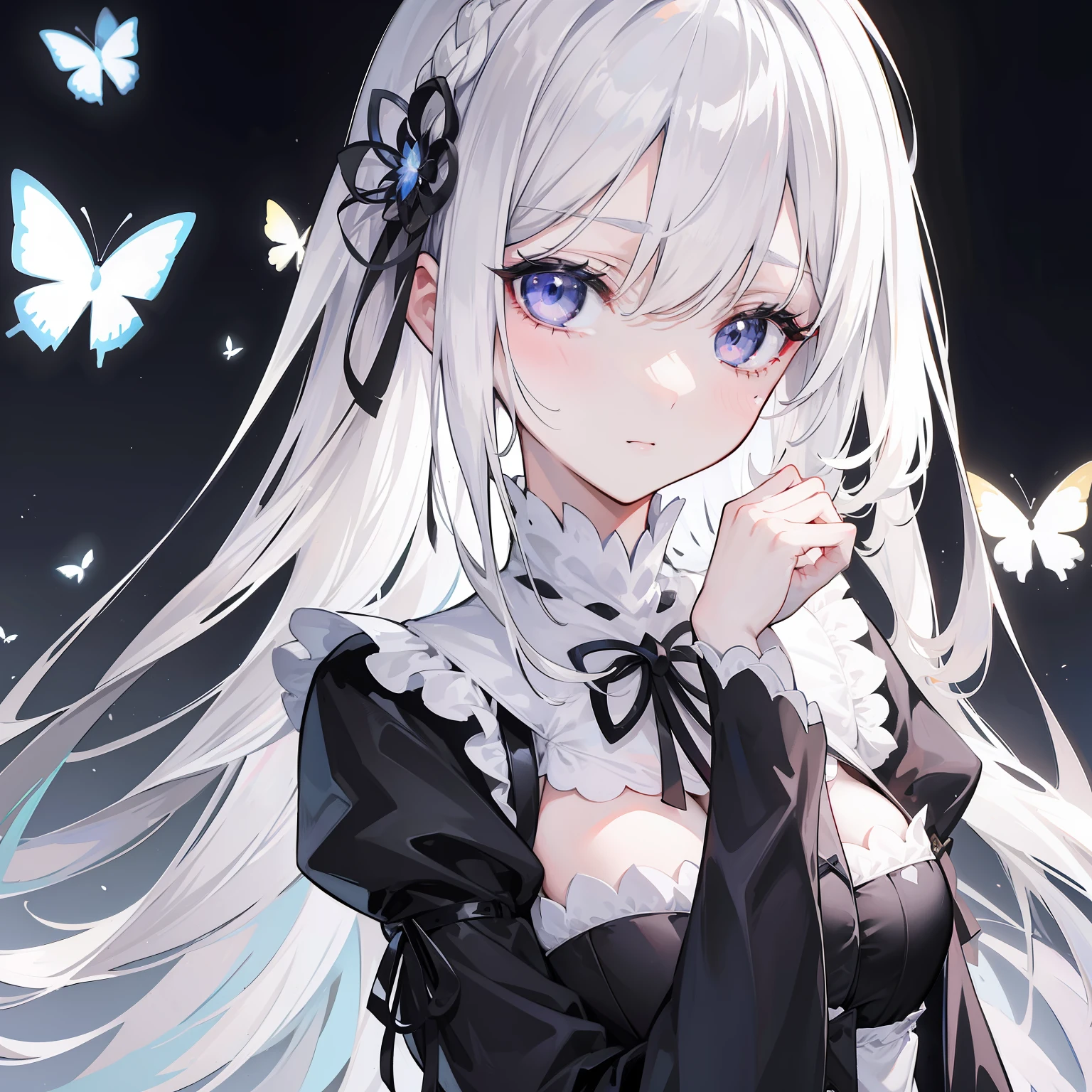 (hyperrealistic), (illustration), (high resolution), (8K), (extremely detailed), (best illustration), (beautiful detailed eyes), (best quality), (super detailed), (masterpiece), (wallpaper), (detailed face), anime face,porcelain-like and pure white, so white that it seemed any semblance of color had been completely bleached from her existence. Her black eyes shone with intellect and were the only part of the woman that looked alive. Her long straight hair reached down to her back and was as white as her skin, and it also had a black butterfly hairpin, Echidna from Re: zero