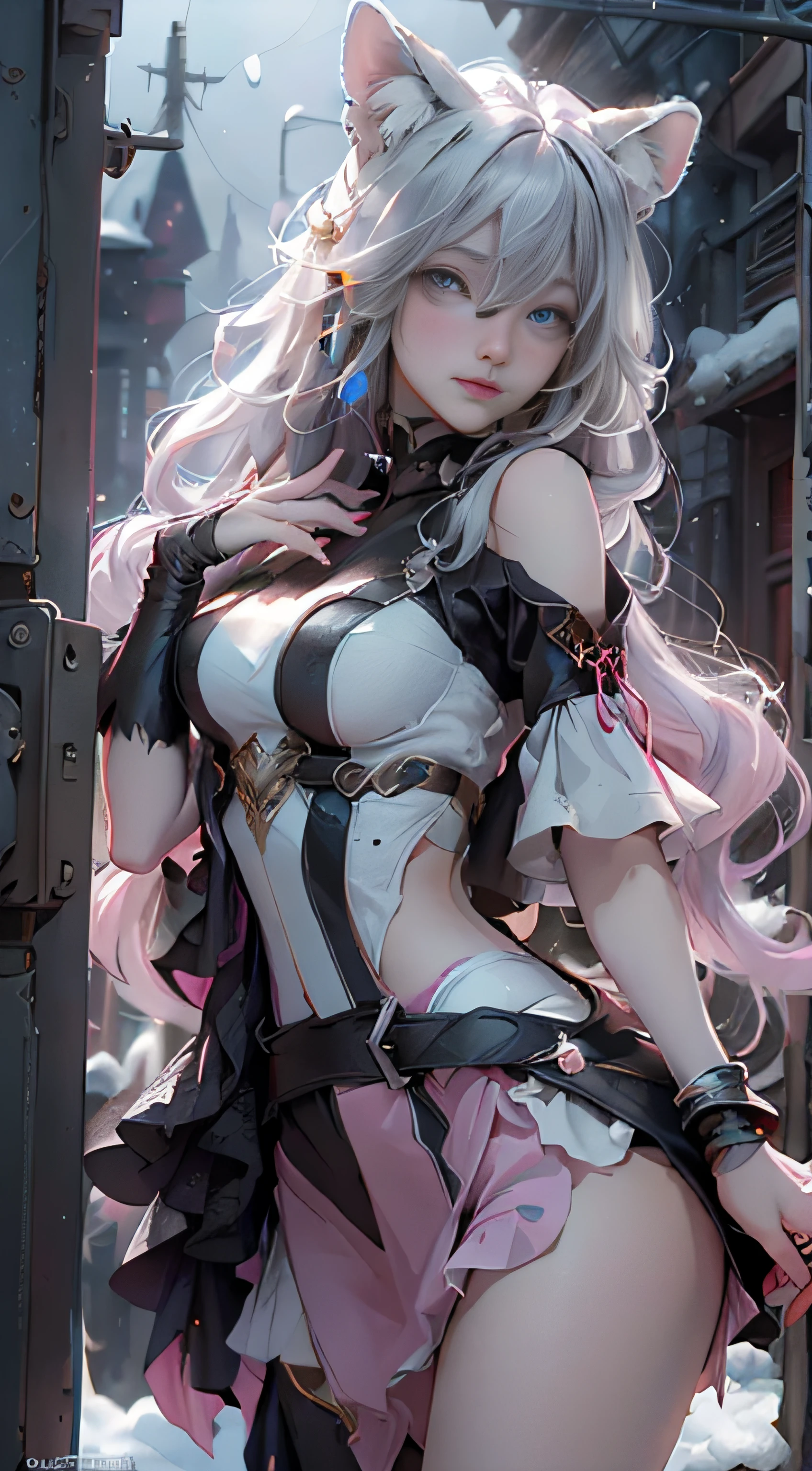 （（best qualtiy））， （（tmasterpiece））， （detail：1.4）， Beautiful cyberpunk female images，hdr（HighDynamicRange），Ray traching，NVIDIA RTX，Hyper-Resolution，illusory 5，sub surface scattering，PBR textures，post-proces，Anisotropy Filtering，depth of fields，maximum definition and sharpness，Many-Layer Textures，Albedo e mapas Speculares，Surface coloring，Mitsu-Accurate simulation of material interactions，perfectly proportioned，rendering by octane，Two-colored light，largeaperture，Low ISO，White balance，Rule three points、8K raw data、Beautiful bright blue pupils，off-the-shoulder clothes，Fine pupils，Delicate face and eyes，long eyelasher，Blushlush，Delicate and fluffy hair，pink lip，Pure，Cute face，Sweet girl，Artistic sense，Casual wear，Advancedsense，butterflys，Cherry blossom petal，Beautiful hair accessories，Long hair and waist，Hair fluttering in the wind，Snow-white fox ears，curlies，Snow-white fluffy tail，Positive light，The light from the back window is backlighted