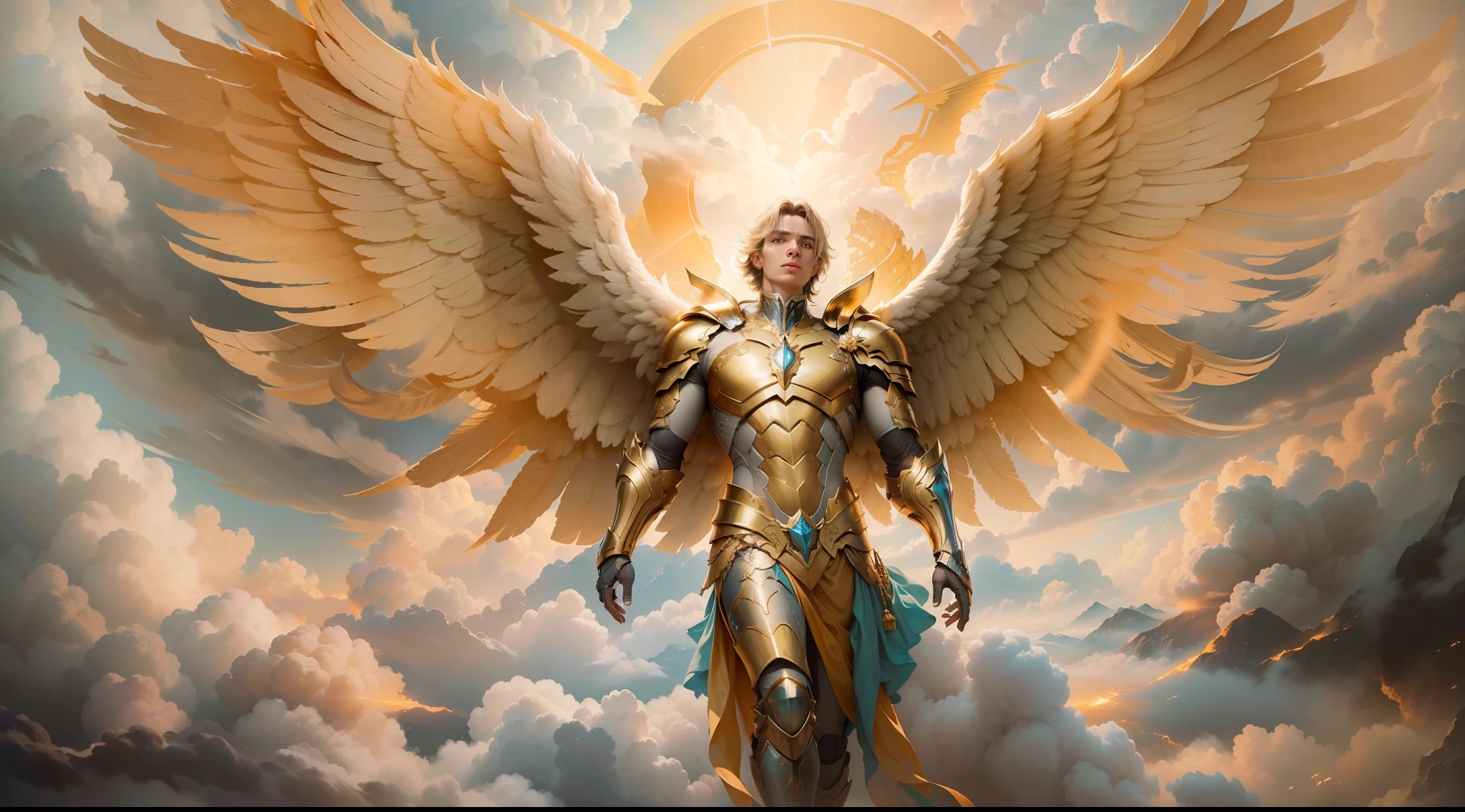 (papel de parede 8k extremamente detalhado), uma pintura realista de um Anjo (masculino) com rosto detalhado e perfeito, com armadura dourada em seu peito, with detailed wings amid the clouds in the sky with golden lights, intrincado, alto detalhe, Dramatic