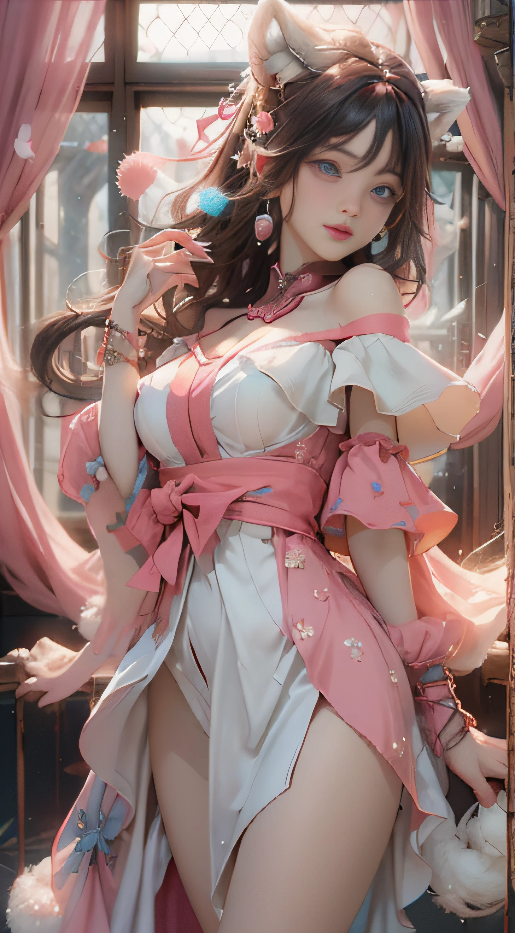 ((best qualtiy)), ((tmasterpiece)), (detail:1.4), Beautiful cyberpunk female images,hdr(HighDynamicRange),Ray traching,NVIDIA RTX,Hyper-Resolution,illusory 5,sub surface scattering,PBR textures,post-proces,Anisotropy Filtering,depth of fields,maximum definition and sharpness,Many-Layer Textures,Albedo e mapas Speculares,Surface coloring,Mitsu-Accurate simulation of material interactions,perfectly proportioned,rendering by octane,Two-colored light,largeaperture,Low ISO,White balance,Rule three points、8K raw data、Beautiful bright blue pupils,off-the-shoulder clothes,Fine pupils,Delicate face and eyes,long eyelasher,Blushlush,Delicate and fluffy hair,pink lip,Pure,Cute face,Sweet girl,Artistic sense,Casual wear,Advancedsense,butterflys,Cherry blossom petal,Beautiful hair accessories,Long hair and waist,Hair fluttering in the wind,Snow-white fox ears,curlies,Snow-white fluffy tail,Positive light,The light from the back window is backlighted