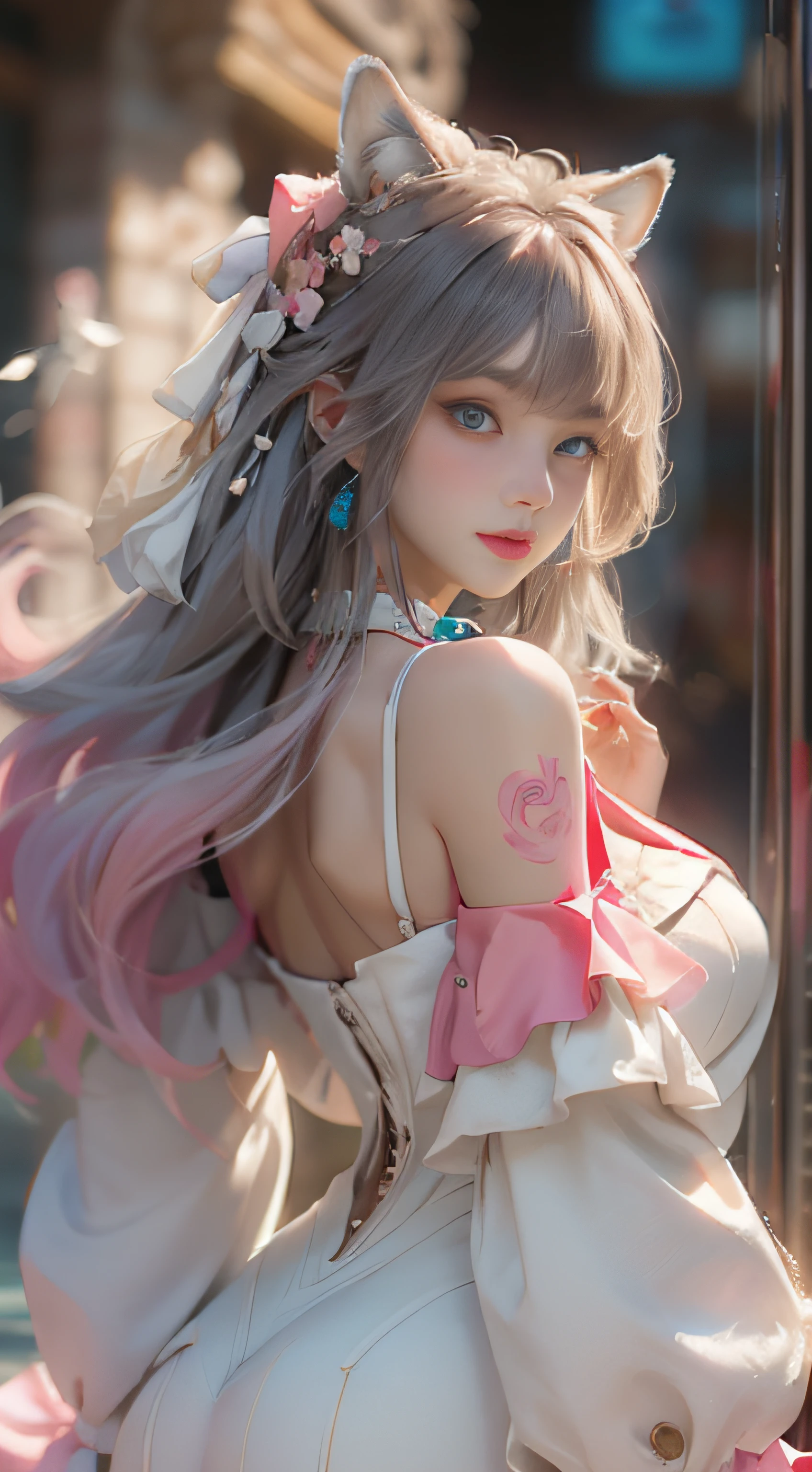 ((best qualtiy)), ((tmasterpiece)), (detail:1.4), Beautiful cyberpunk female images,hdr(HighDynamicRange),Ray traching,NVIDIA RTX,Hyper-Resolution,illusory 5,sub surface scattering,PBR textures,post-proces,Anisotropy Filtering,depth of fields,maximum definition and sharpness,Many-Layer Textures,Albedo e mapas Speculares,Surface coloring,Mitsu-Accurate simulation of material interactions,perfectly proportioned,rendering by octane,Two-colored light,largeaperture,Low ISO,White balance,Rule three points、8K raw data、Beautiful bright blue pupils,off-the-shoulder clothes,Fine pupils,Delicate face and eyes,long eyelasher,Blushlush,Delicate and fluffy hair,pink lip,Pure,Cute face,Sweet girl,Artistic sense,Casual wear,Advancedsense,butterflys,Cherry blossom petal,Beautiful hair accessories,Long hair and waist,Hair fluttering in the wind,Snow-white fox ears,curlies,Snow-white fluffy tail,Positive light,The light from the back window is backlighted