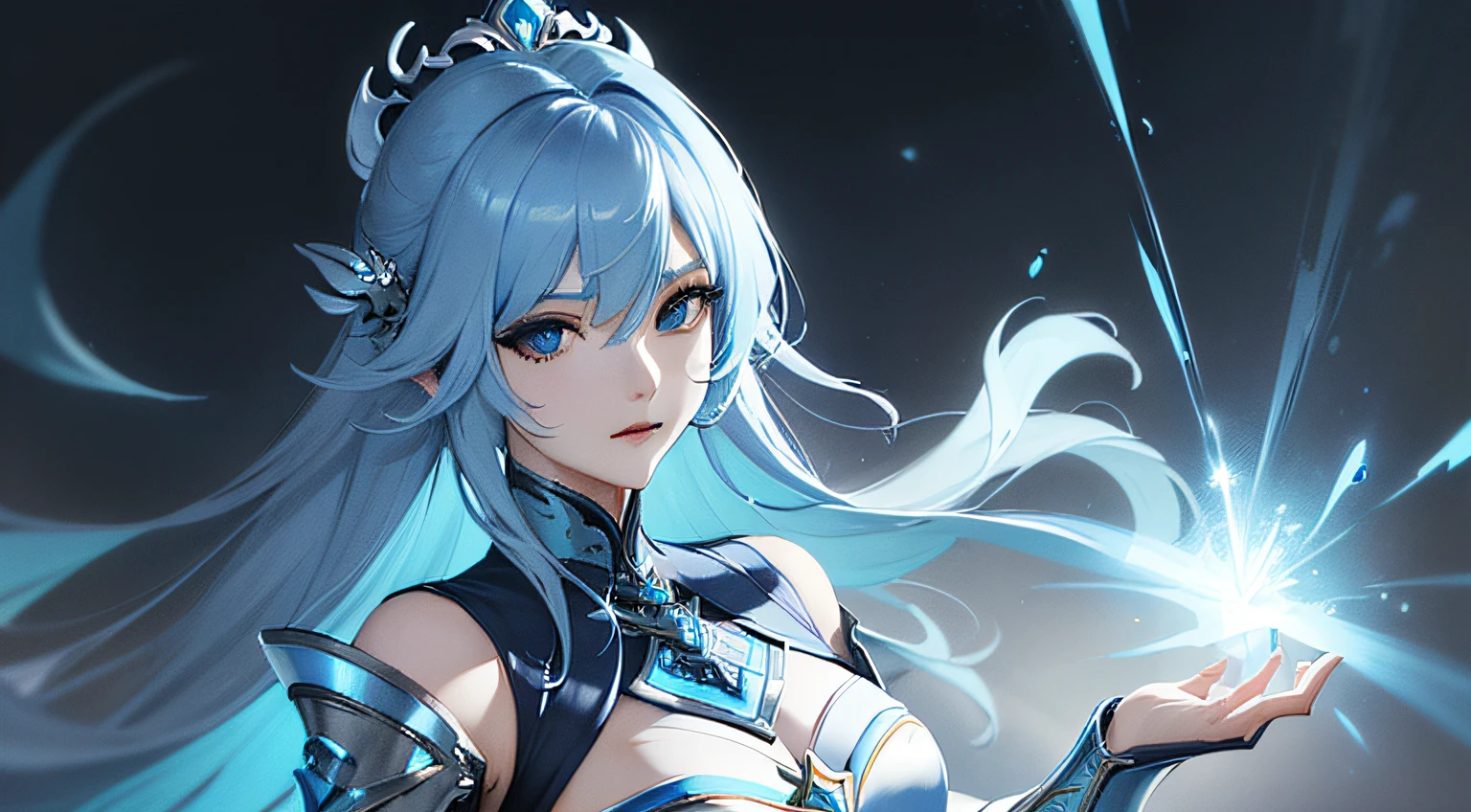 a close up of a woman in a silver and blue dress, chengwei pan on artstation, by Yang J, detailed fantasy art, stunning character art, fanart best artstation, epic exquisite character art, beautiful armor, extremely detailed artgerm, detailed digital anime art, artgerm on artstation pixiv, armor girl