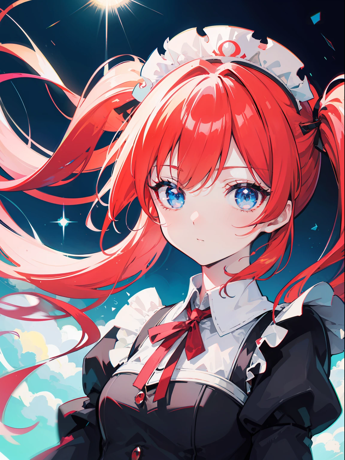 ((illustration)), ((floating hair)), ((chromatic aberration)), ((caustic)), lens flare, dynamic angle, ((portrait)), (1 girl), ((solo)), cute face, red hair,blue eyes,twintails,maid, long hair, long sleeves, gothic, solo, loli