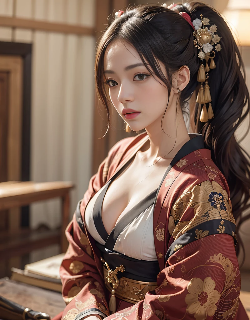 (beautiful Beautiful sexy actressplaying a top-class prostitute in a Japanese epic historical drama, beautiful ponytail hair), solo, (face is (80% fascinating and elegant), (20% beautiful and cute).