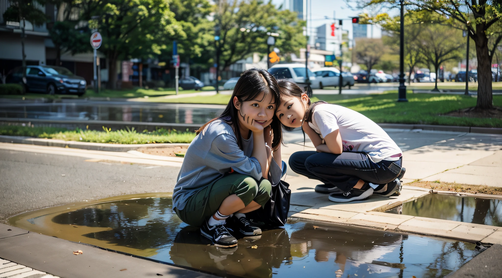 Photos, (Photorealistic: 1.4), (Hyperrealistic: 1.4), (Cinematic: 1.5), Children, Poor, Three, Japan, 6 years old, Park, Dirty T-shirt, Squatting, (saturation: 30%), (High Picture Face: 2), Puddle, Reflection,