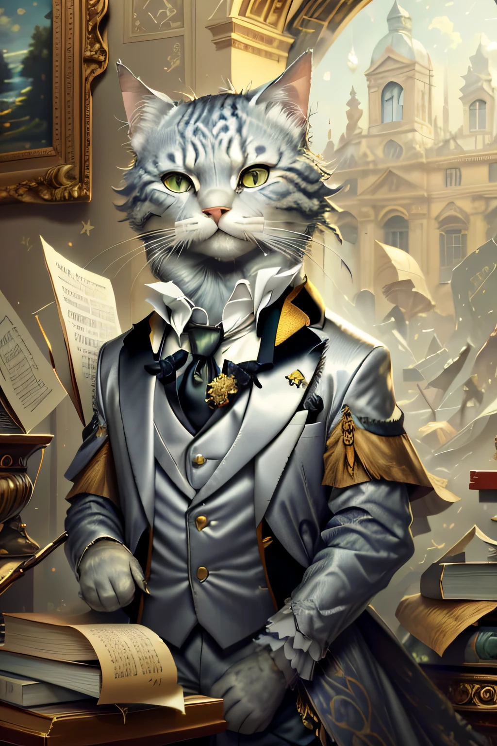 Close up photography （Silver tabby cat：1.2）anthropomorphic turtle， dressed in a suit，looking at book， In the background is a classical European oil painting，（c4ttitude：1.3）， oil painted，At the Louvre， Ultra photo realsisim， intricately details， （Mist：1.1），