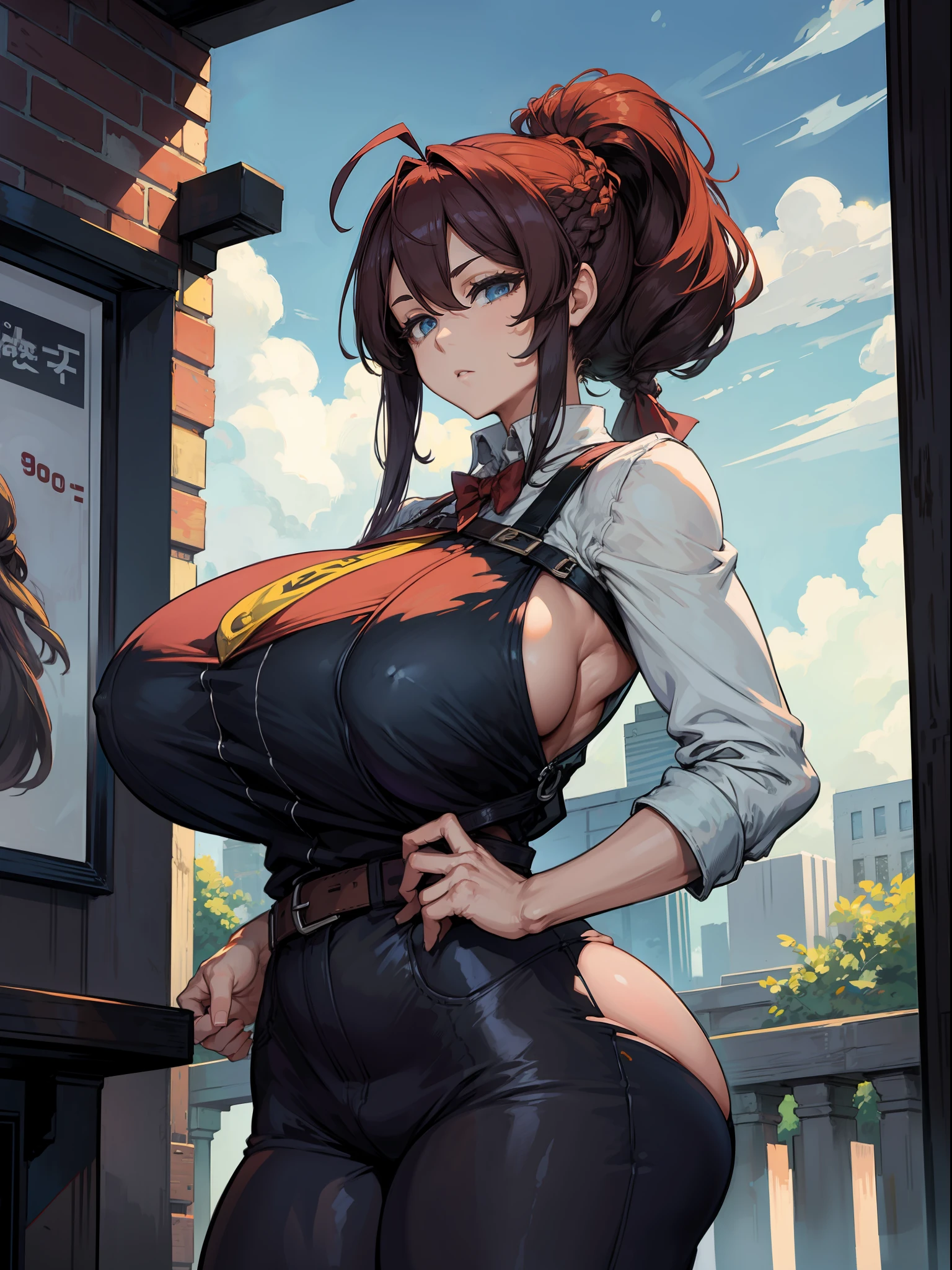 Artistic Female Detective、((Super huge breasts　999))、Ahoge、braid ponytail、