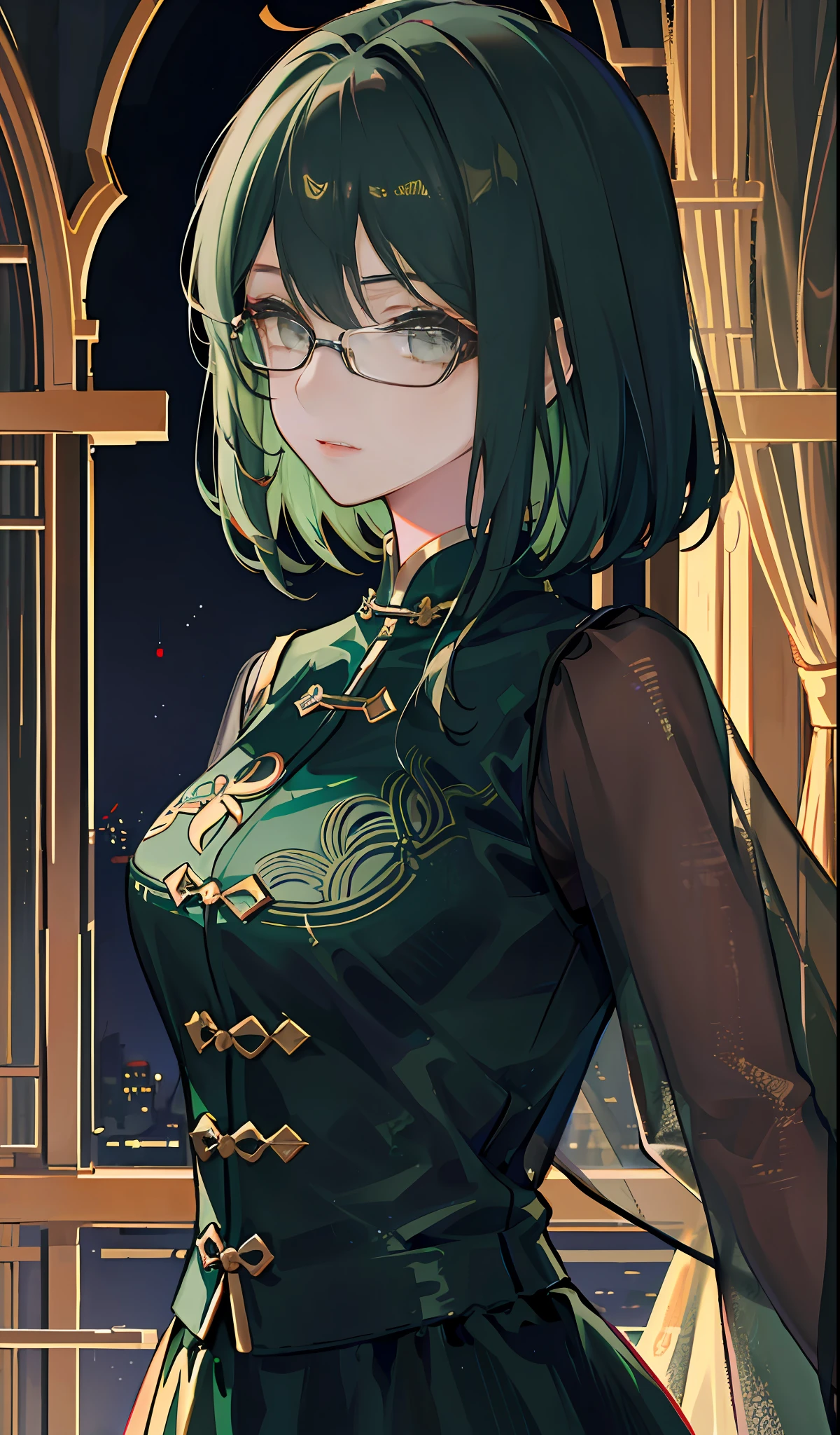 (Masterpiece, side-lighting, Ultra-detailed, fine detailed beautiful eyes: 1.2), 1girll,nightcity,Sateen,Dark green hair,short detailed hair,Black eyes,Chinese outfit,eye glass,Indifferent expression,