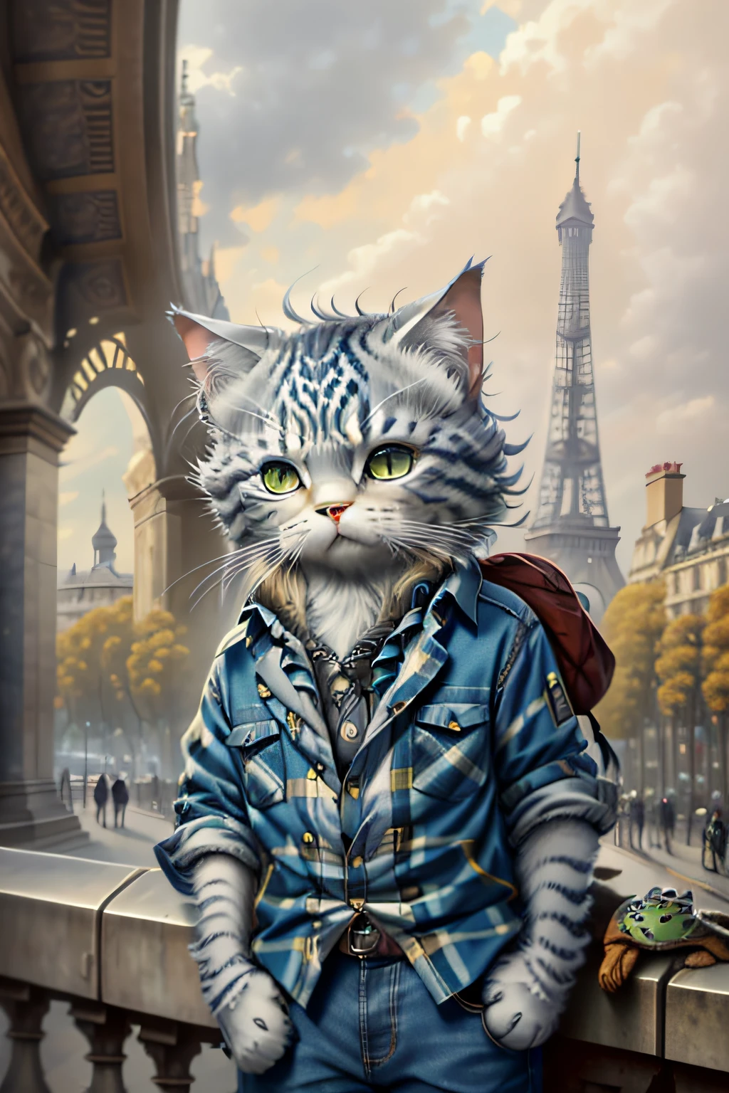 Close up photography (Silver tabby cat:1.2)anthropomorphic turtle, Wear plaid shirt jeans,in paris,In the background is the Arc de Triomphe, (c4ttitude:1.3), Paris streets,At the Arc de Triomphe, Ultra photo realsisim, intricately details, (Mist:1.1),