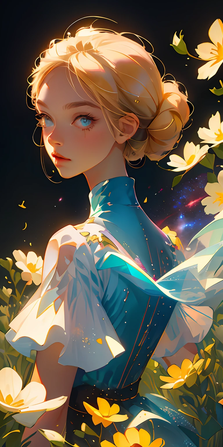 (best quality, masterpiece), 1girl, pose, particle, wind, flower, upper body, simple background, looking at viewer, blonde, galaxy,