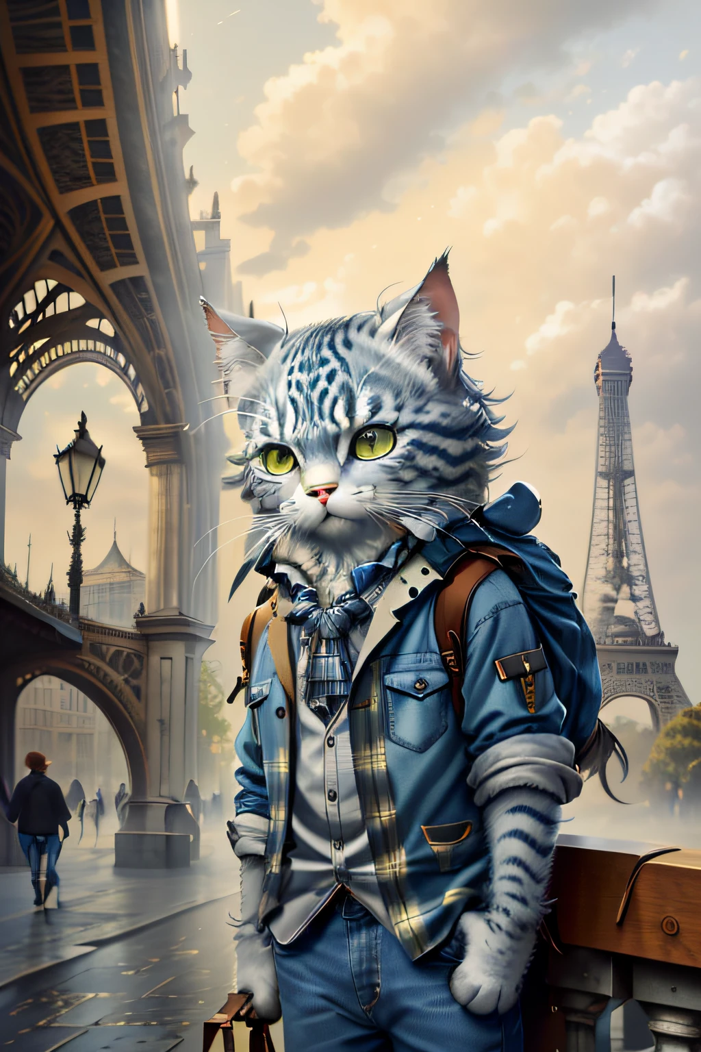 Close up photography (Silver tabby cat:1.2)anthropomorphic turtle, Wear plaid shirt jeans,in paris,In the background is the Arc de Triomphe, (c4ttitude:1.3), Paris streets,At the Arc de Triomphe, Ultra photo realsisim, intricately details, (Mist:1.1),