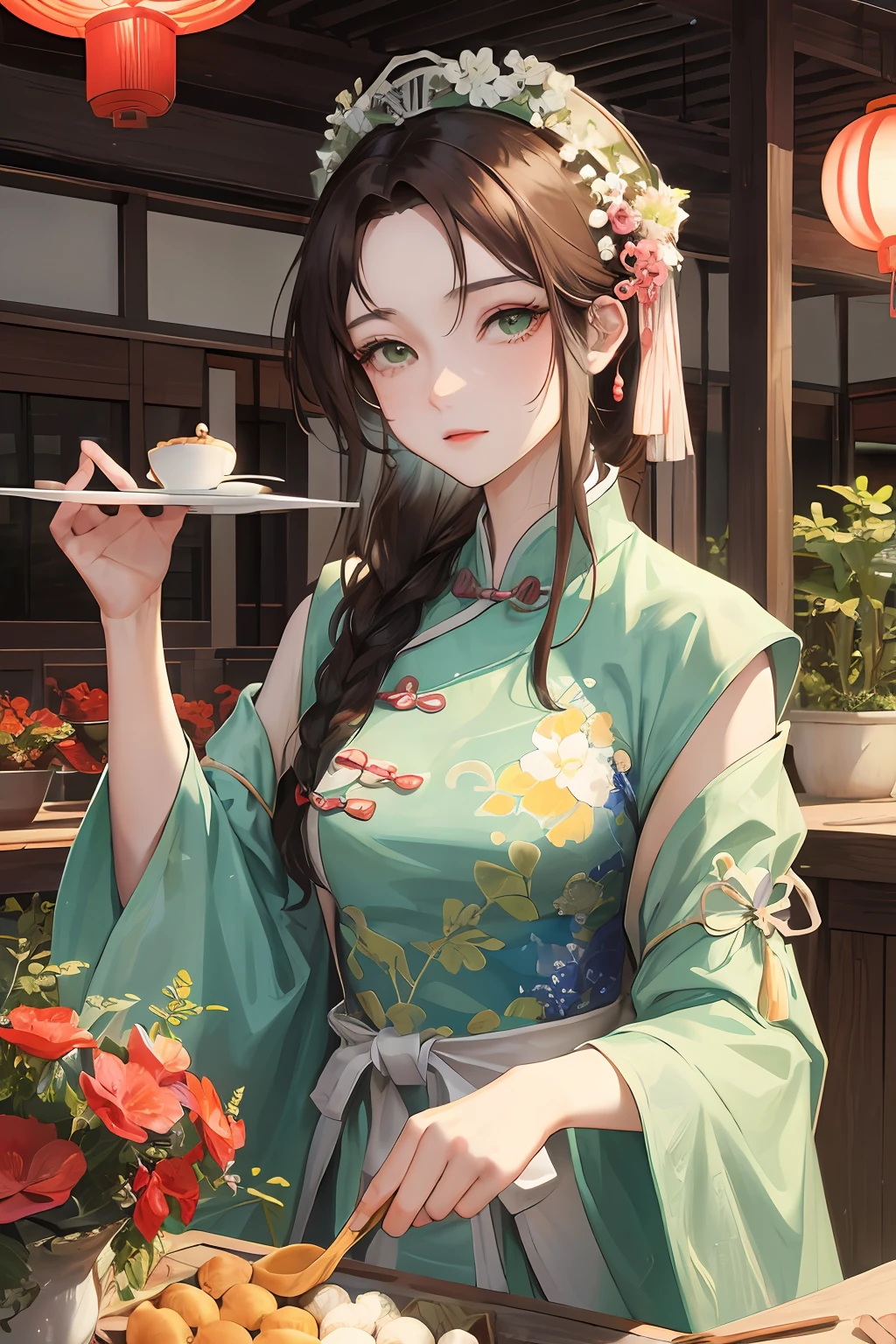 Masterpiece, Best quality, Daytime, Outdoor, Water's Edge, festivity, celebrating, A woman who is, Mature woman, Chinese style, Ancient China, sister, Imperial sister, Cold expression, Expressionless face, Dark brown hair, Green eyes, Single strips of fried dough twisted braid, Coiled hair, Double ball head, Green clothes, Light pink lips, calm, Intellectual, Media distribution, Hairpin, doctor, herbal medicine