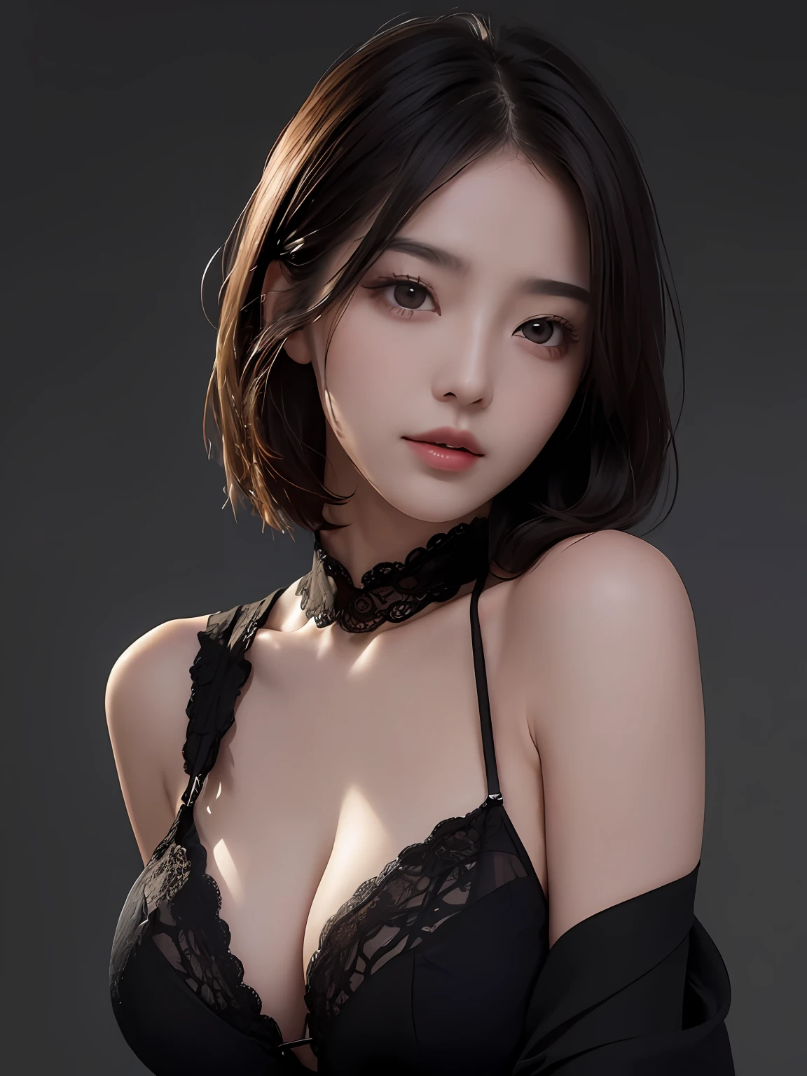 best qualtiy, tmasterpiece, 超高分辨率, (realisticlying:1.5), RAW photogr, 1girll, bshoulders, in the darkness nigth, deep shading, low tune, cold light, Sexy look, short detailed hair,Pretty big breasts